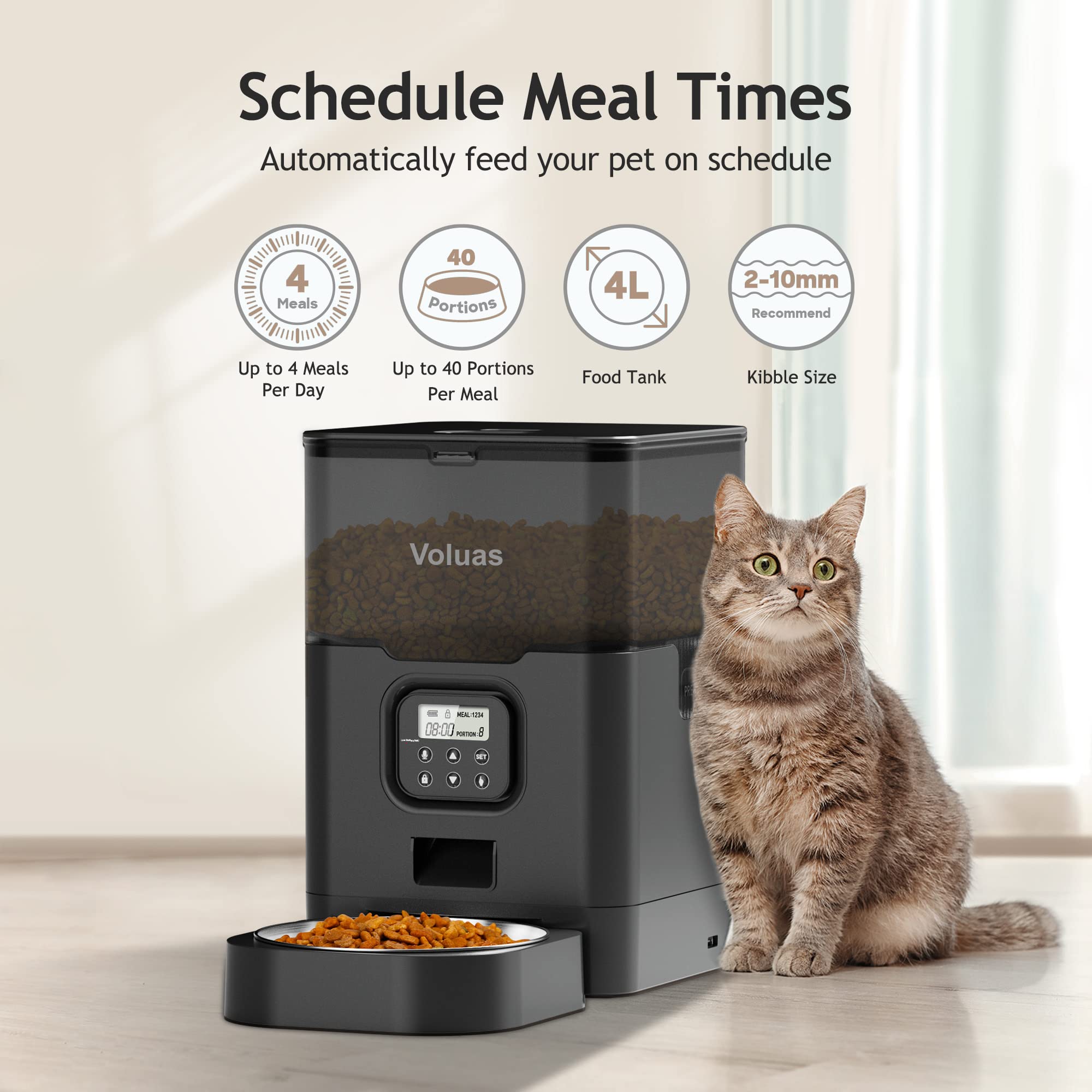 VOLUAS Automatic Cat Feeder – Timed Dispenser, 4 Meals/Day, 4L Capacity, Voice Recorder