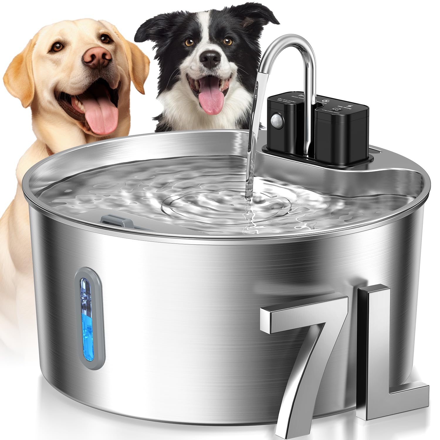 Voluas Wireless Dog Water Fountain 1.8Gal / 7L – Stainless Steel, Quiet Pump, 4-Layer Filtration