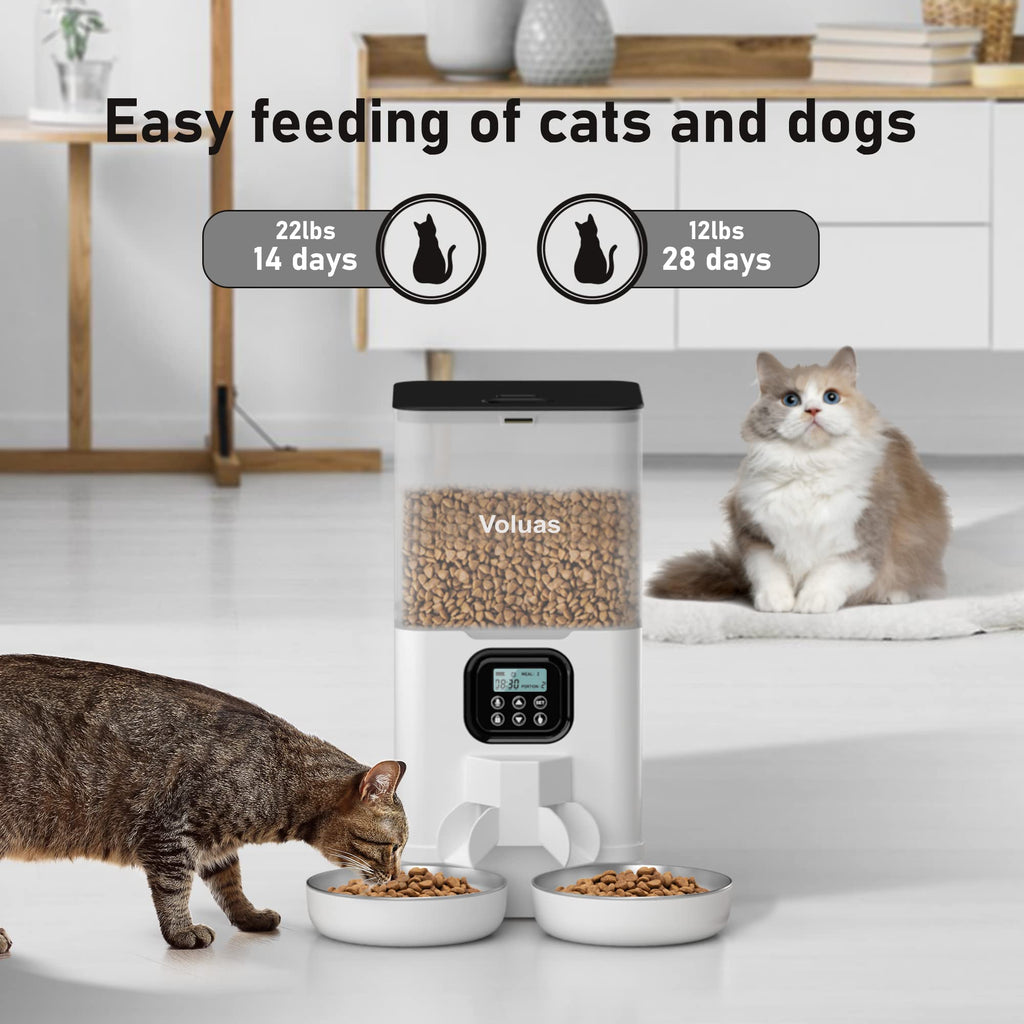 Voluas Automatic Cat Feeder for Two Cats | 6L Dual Bowls, Timed Feeding & Memory Function