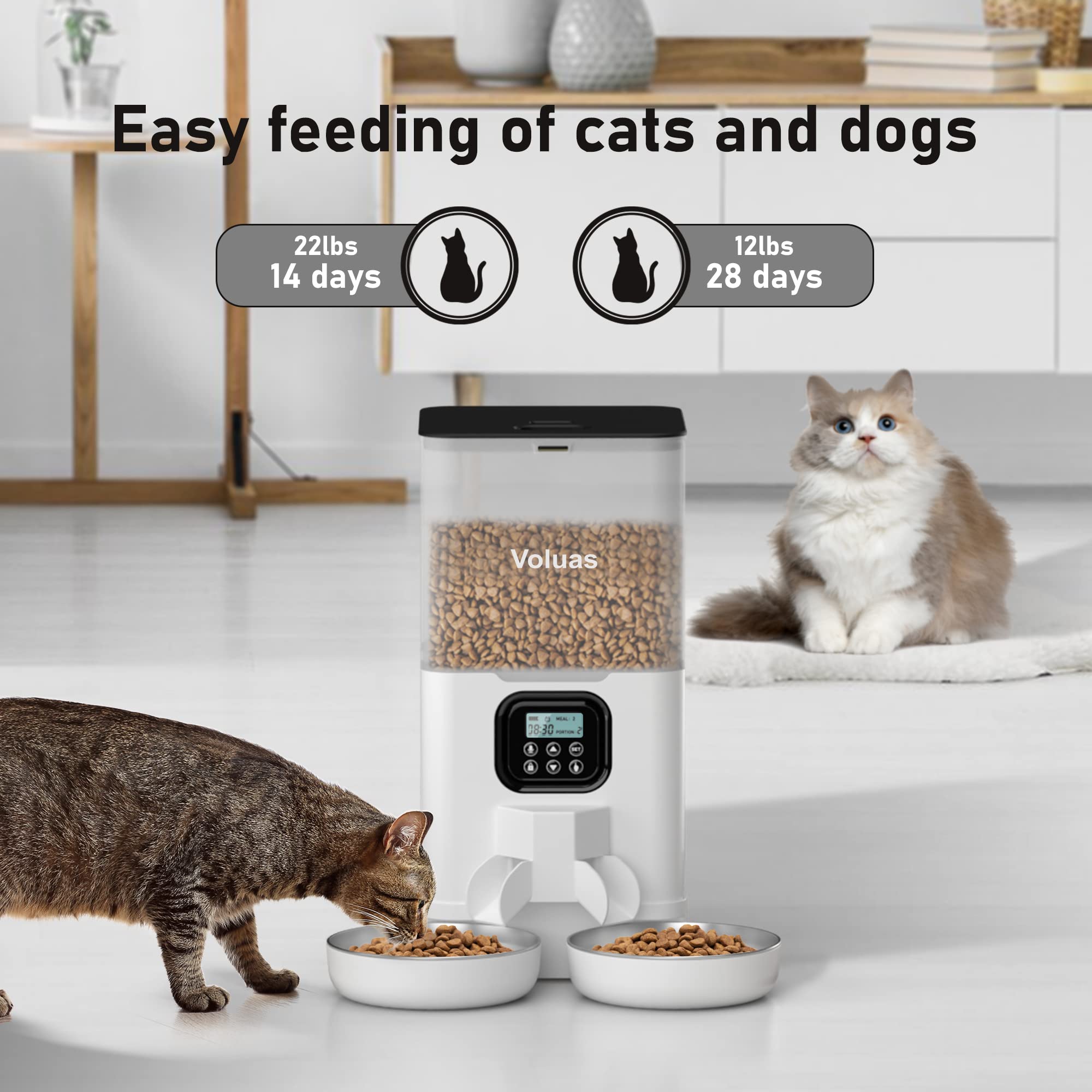 Voluas Automatic Cat Feeder for Two Cats | 6L Dual Bowls, Timed Feeding & Memory Function