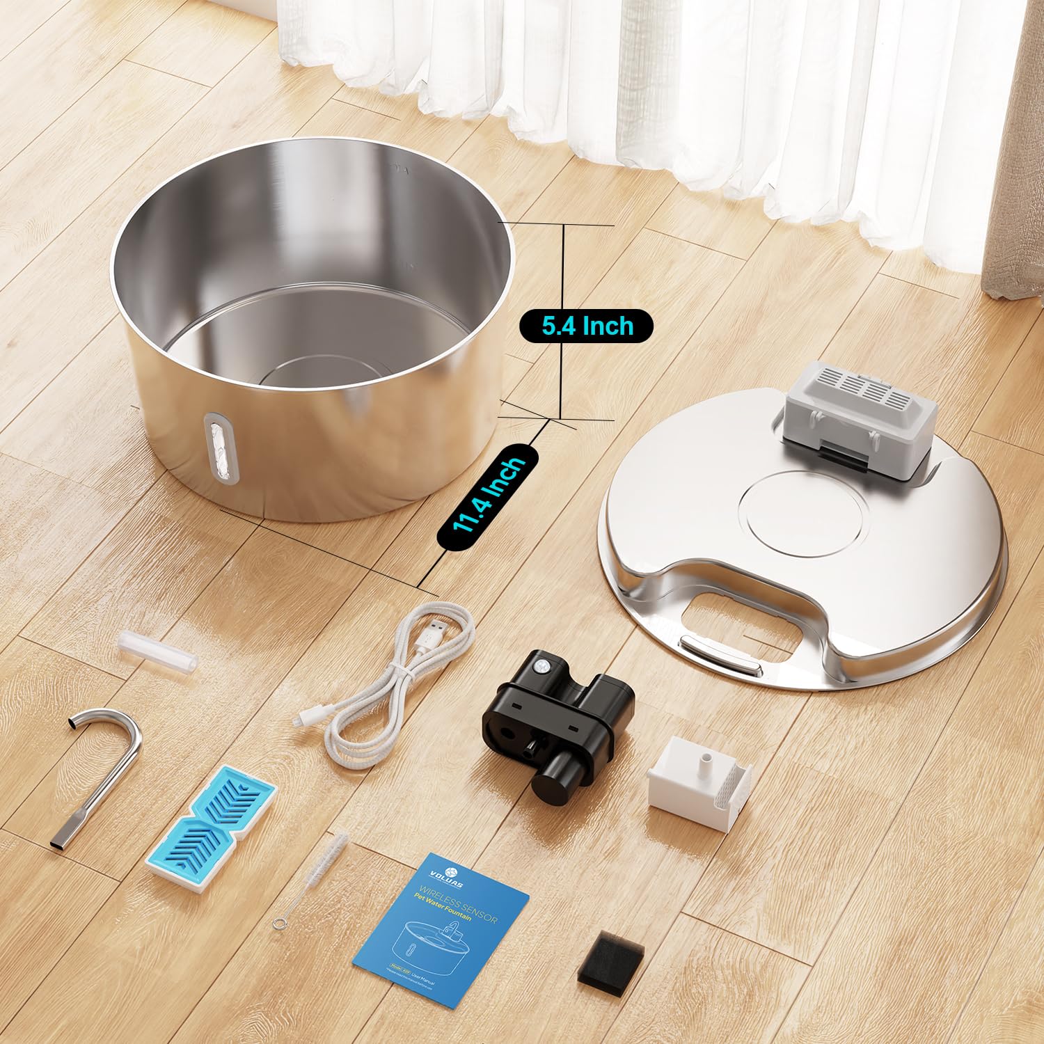 Voluas Wireless Dog Water Fountain 1.8Gal / 7L – Stainless Steel, Quiet Pump, 4-Layer Filtration