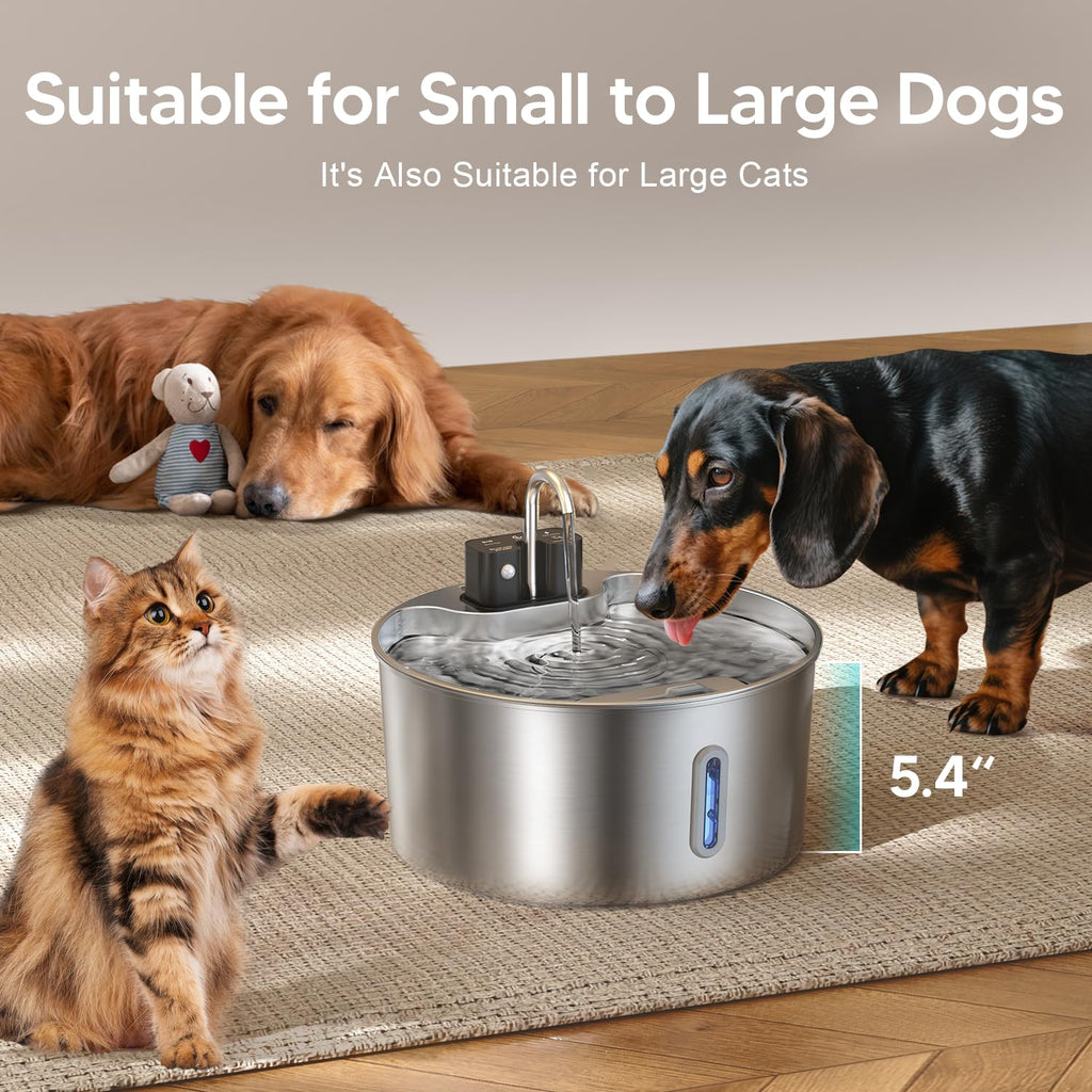 Voluas Wireless Dog Water Fountain 1.8Gal / 7L – Stainless Steel, Quiet Pump, 4-Layer Filtration