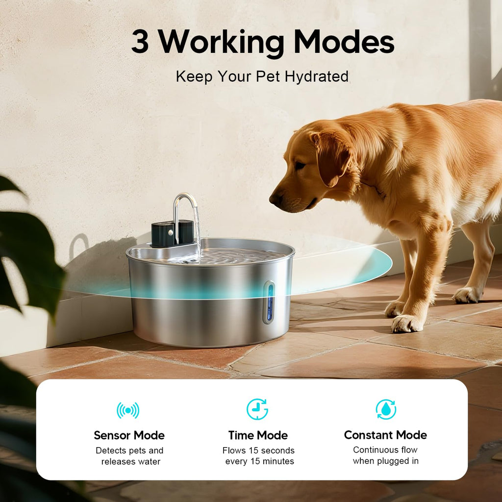 Voluas Wireless Dog Water Fountain 1.8Gal / 7L – Stainless Steel, Quiet Pump, 4-Layer Filtration