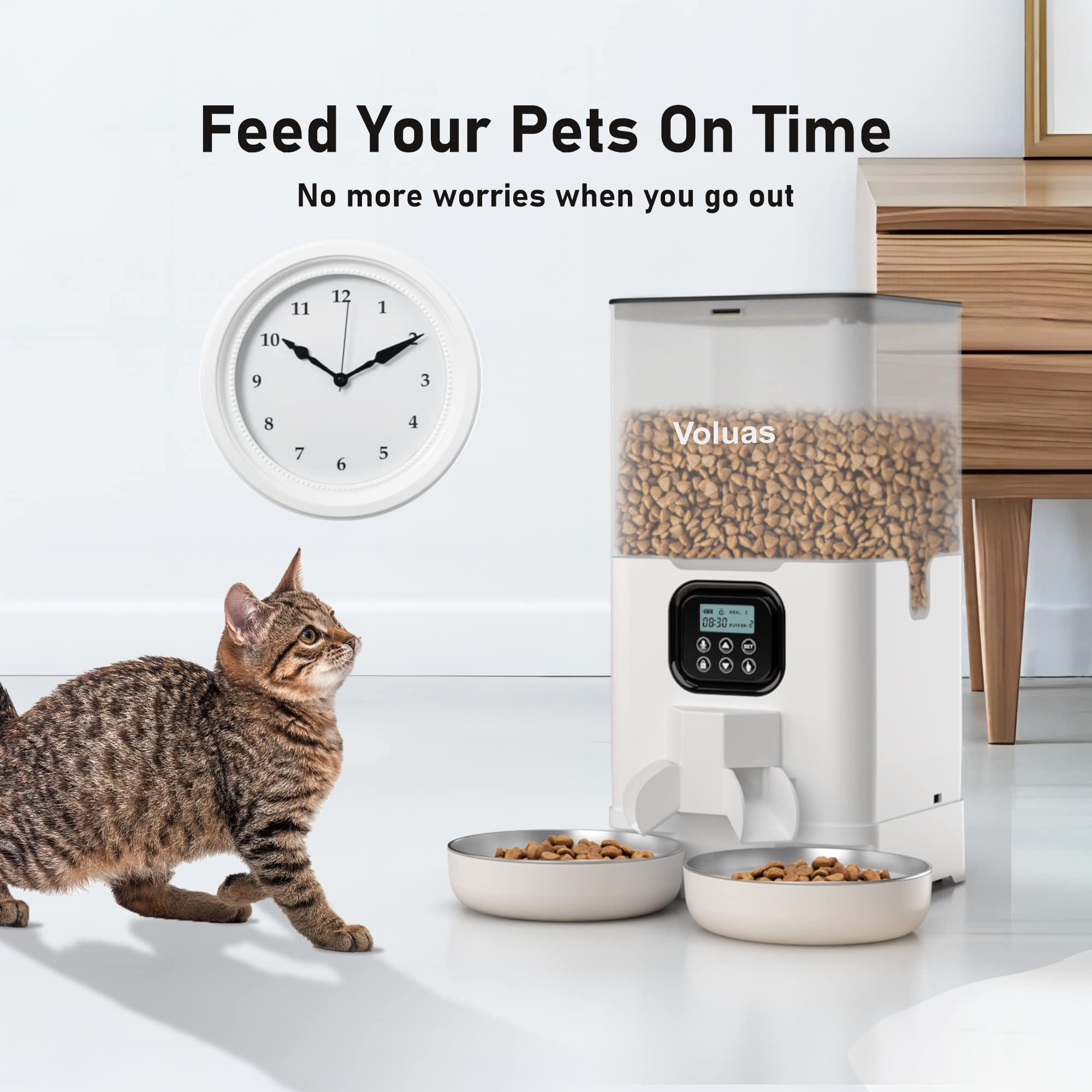 Voluas Automatic Cat Feeder for Two Cats | 6L Dual Bowls, Timed Feeding & Memory Function