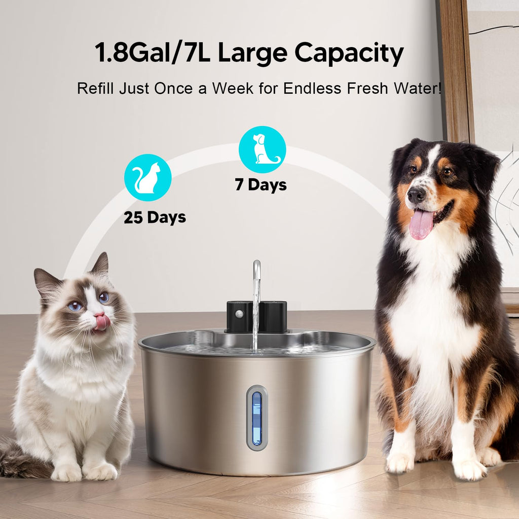Voluas Wireless Dog Water Fountain 1.8Gal / 7L – Stainless Steel, Quiet Pump, 4-Layer Filtration