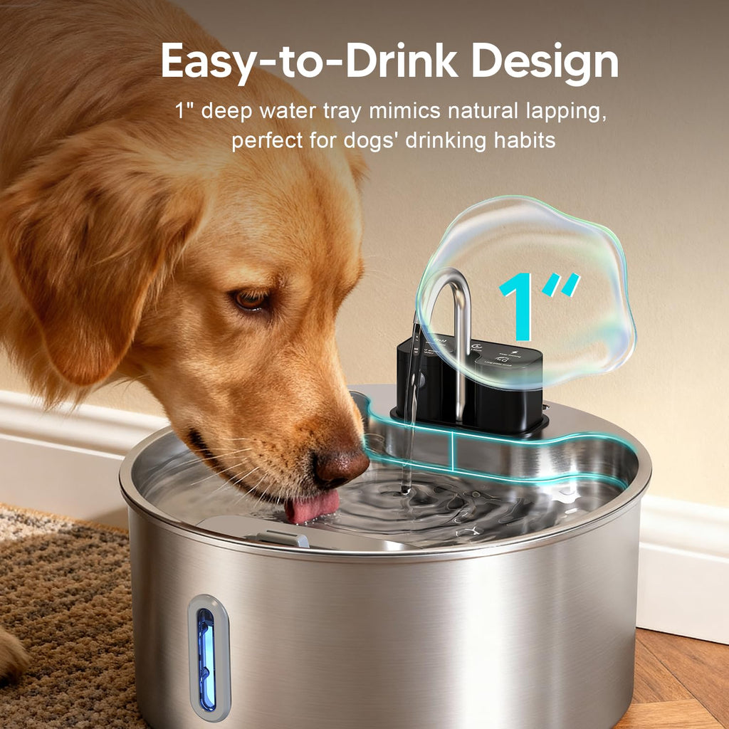 Voluas Wireless Dog Water Fountain 1.8Gal / 7L – Stainless Steel, Quiet Pump, 4-Layer Filtration