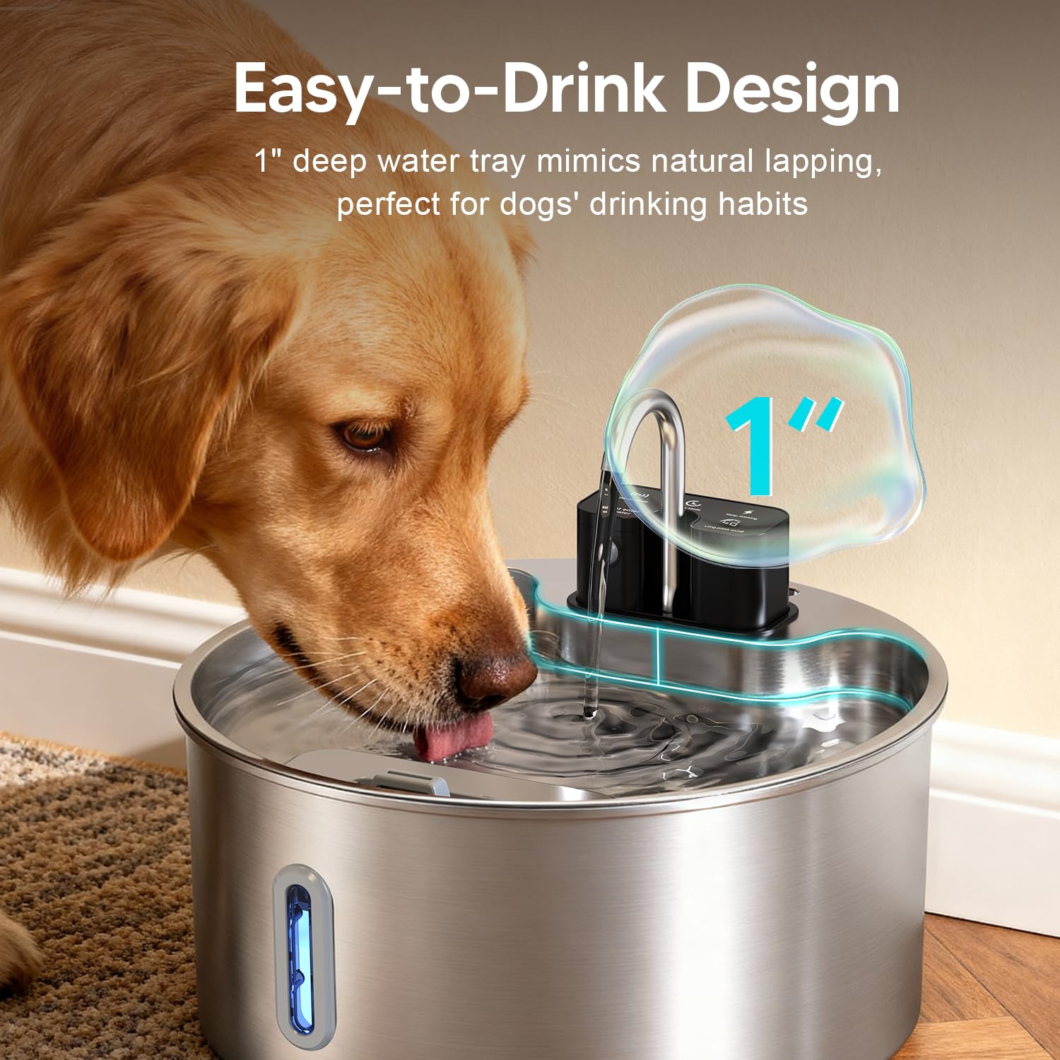 Voluas Wireless Dog Water Fountain 1.8Gal / 7L – Stainless Steel, Quiet Pump, 4-Layer Filtration
