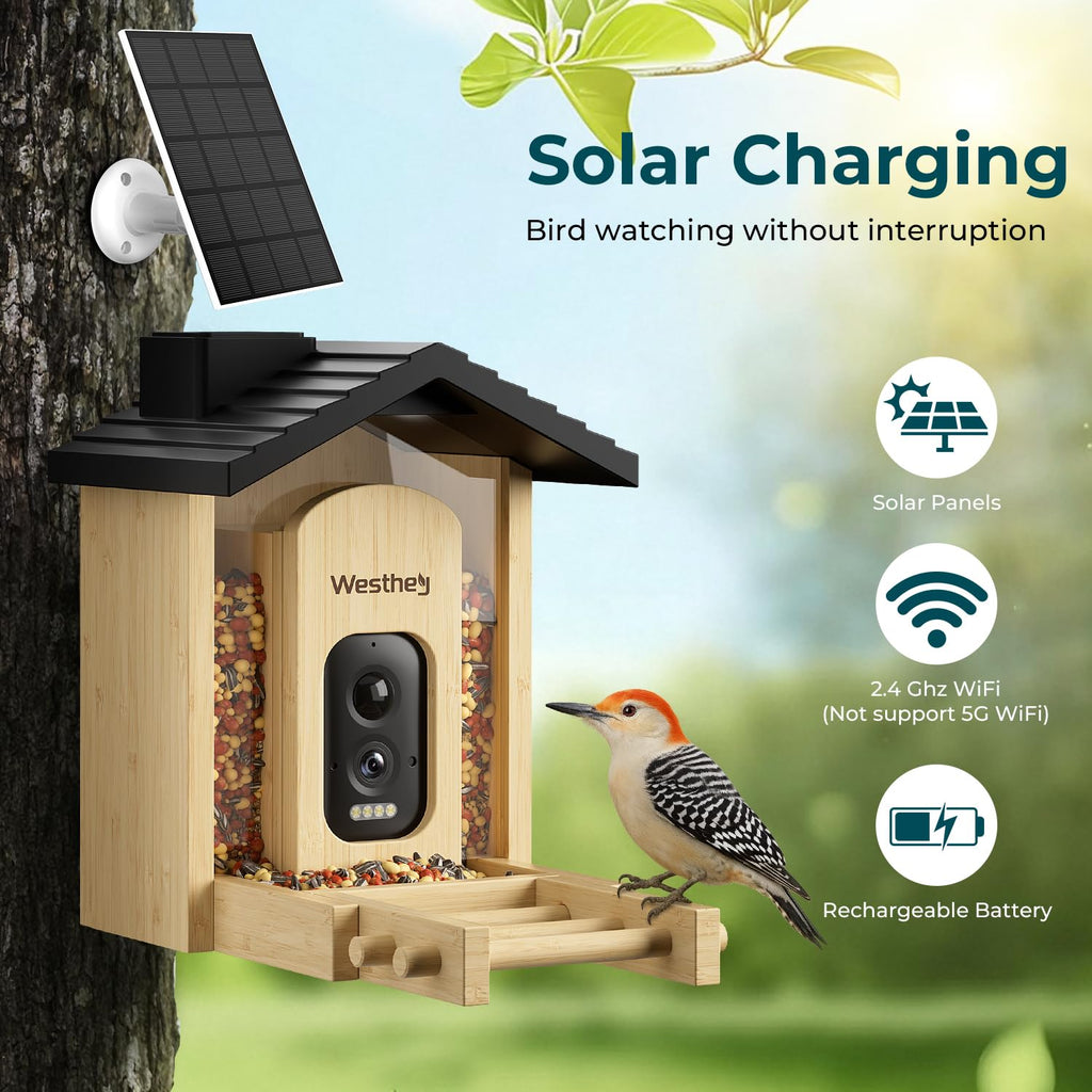 WESTHEY Solar Powered Bird Feeder with Camera - 2.5K HD AI ID 11,000+ Species