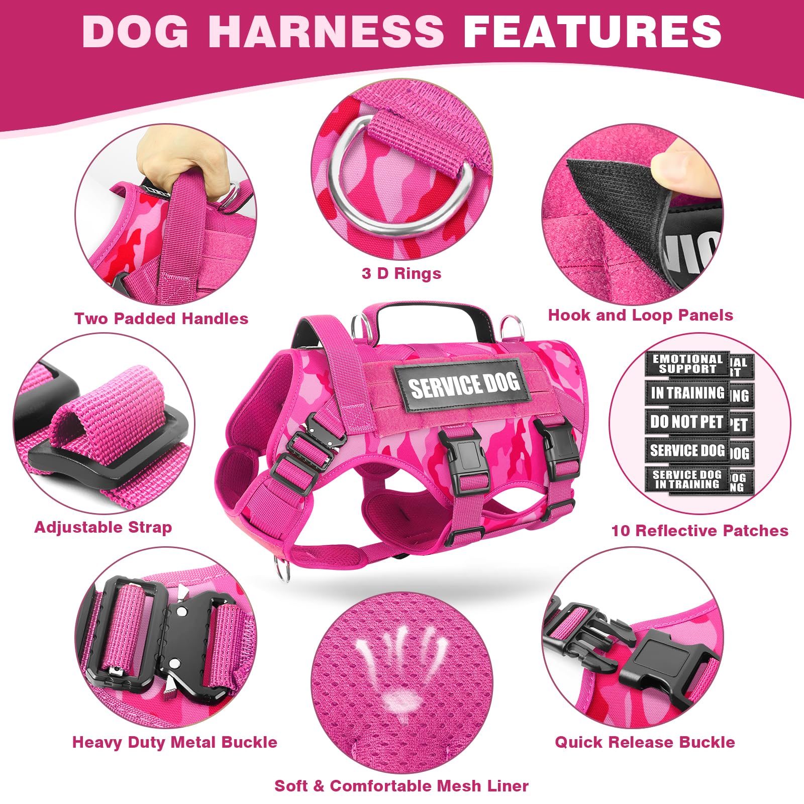 WINSEE Service Dog Vest Harness for Medium Dogs | MOLLE Tactical Vest with 10 Patches