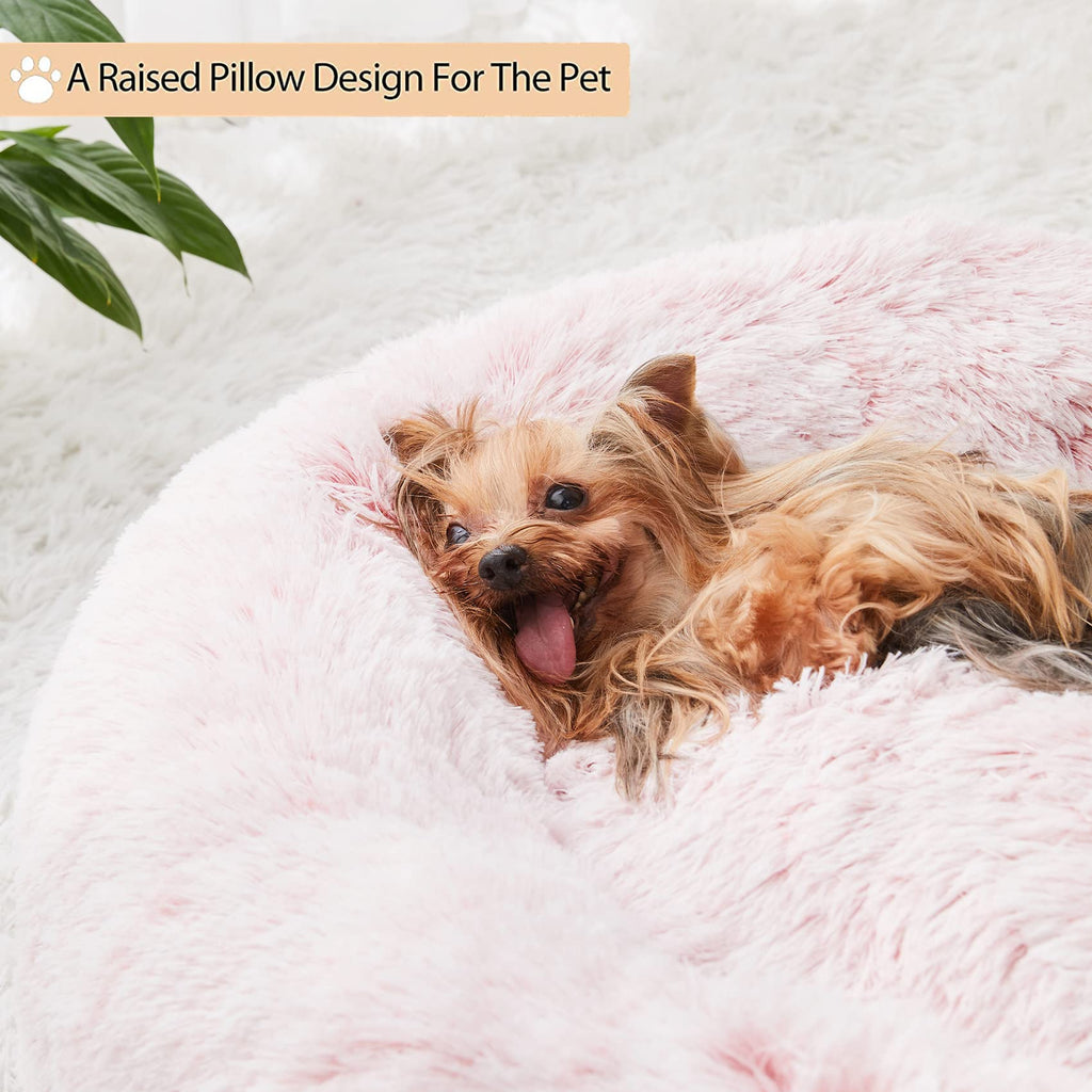 WNPETHOME Calming Donut Dog Bed – Faux Fur Self-Warming Plush (30x30x10 in, Light Pink)