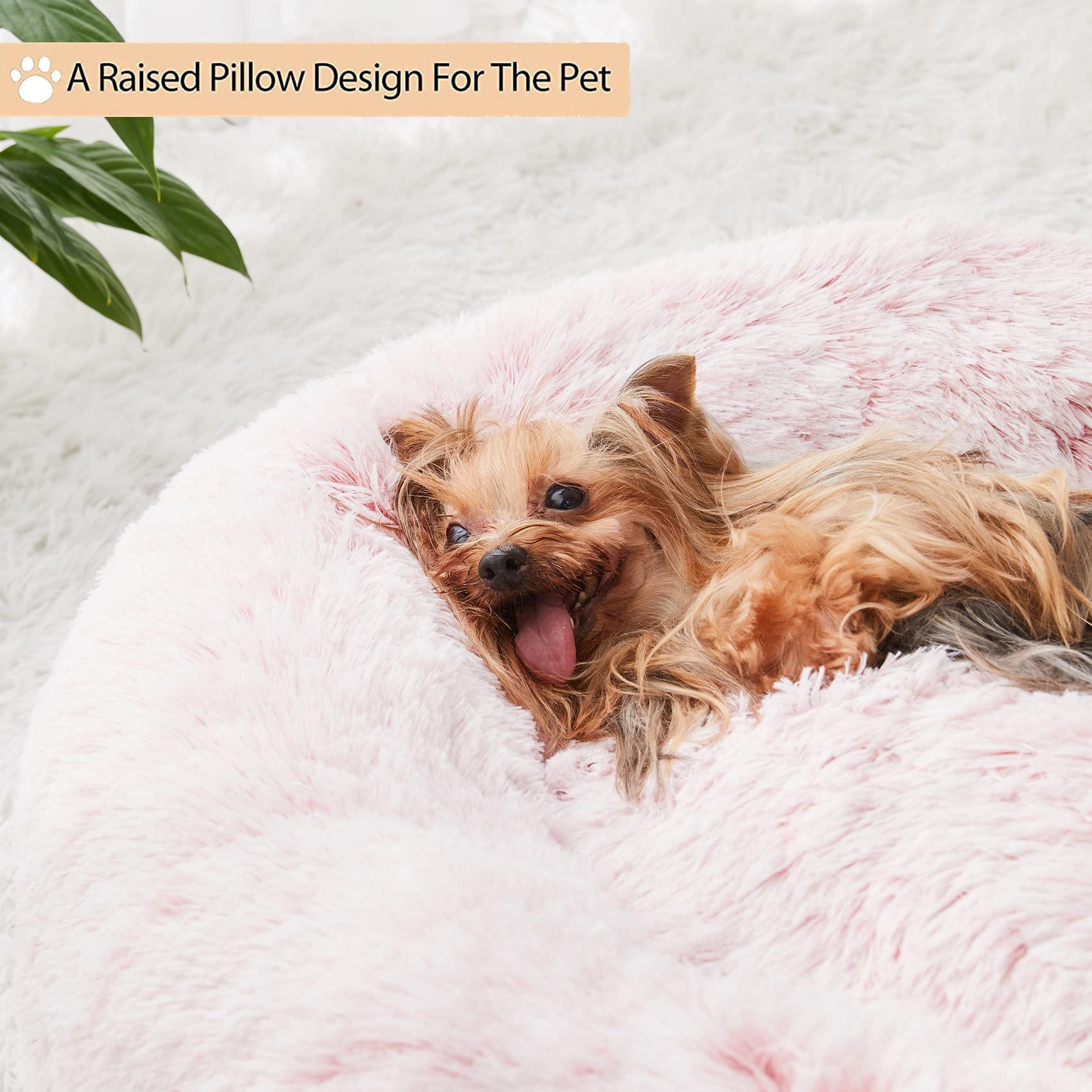 WNPETHOME Calming Donut Dog Bed – Faux Fur Self-Warming Plush (30x30x10 in, Light Pink)