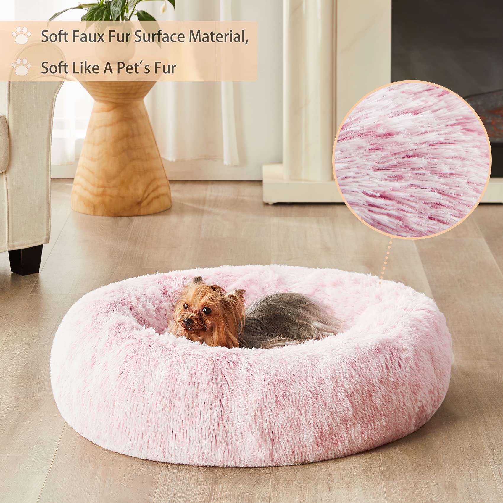 WNPETHOME Calming Donut Dog Bed – Faux Fur Self-Warming Plush (30x30x10 in, Light Pink)