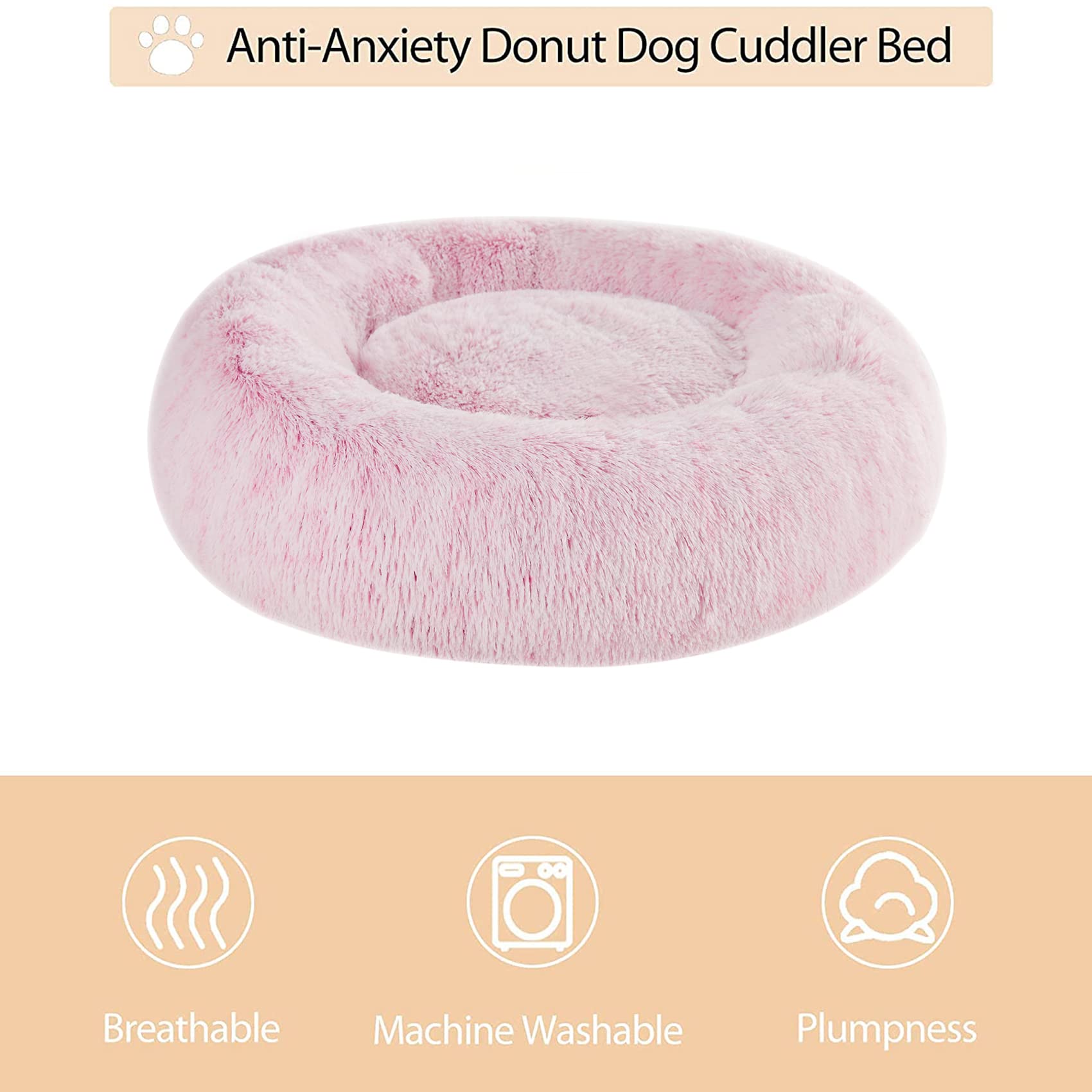 WNPETHOME Calming Donut Dog Bed – Faux Fur Self-Warming Plush (30x30x10 in, Light Pink)