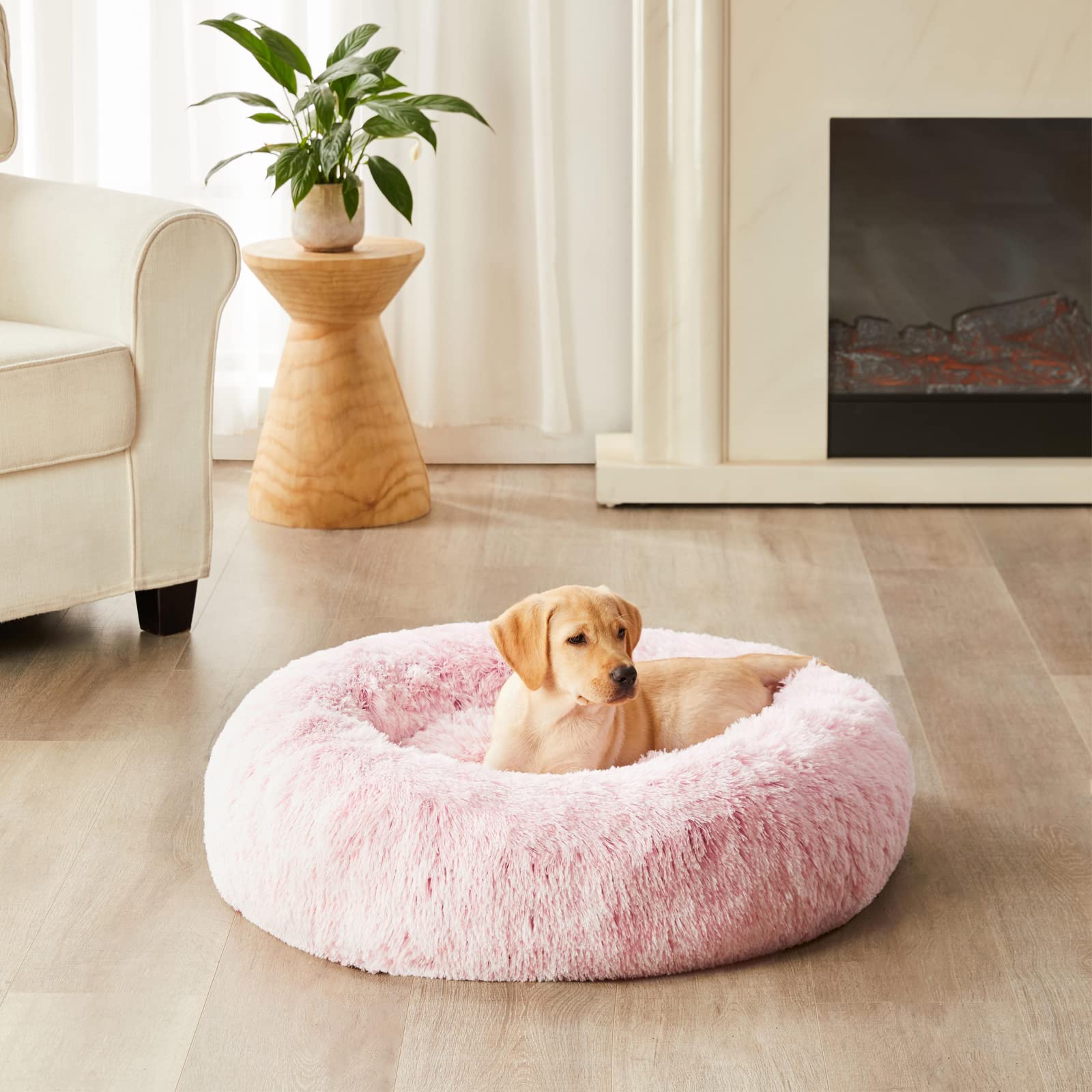 WNPETHOME Calming Donut Dog Bed – Faux Fur Self-Warming Plush (30x30x10 in, Light Pink)