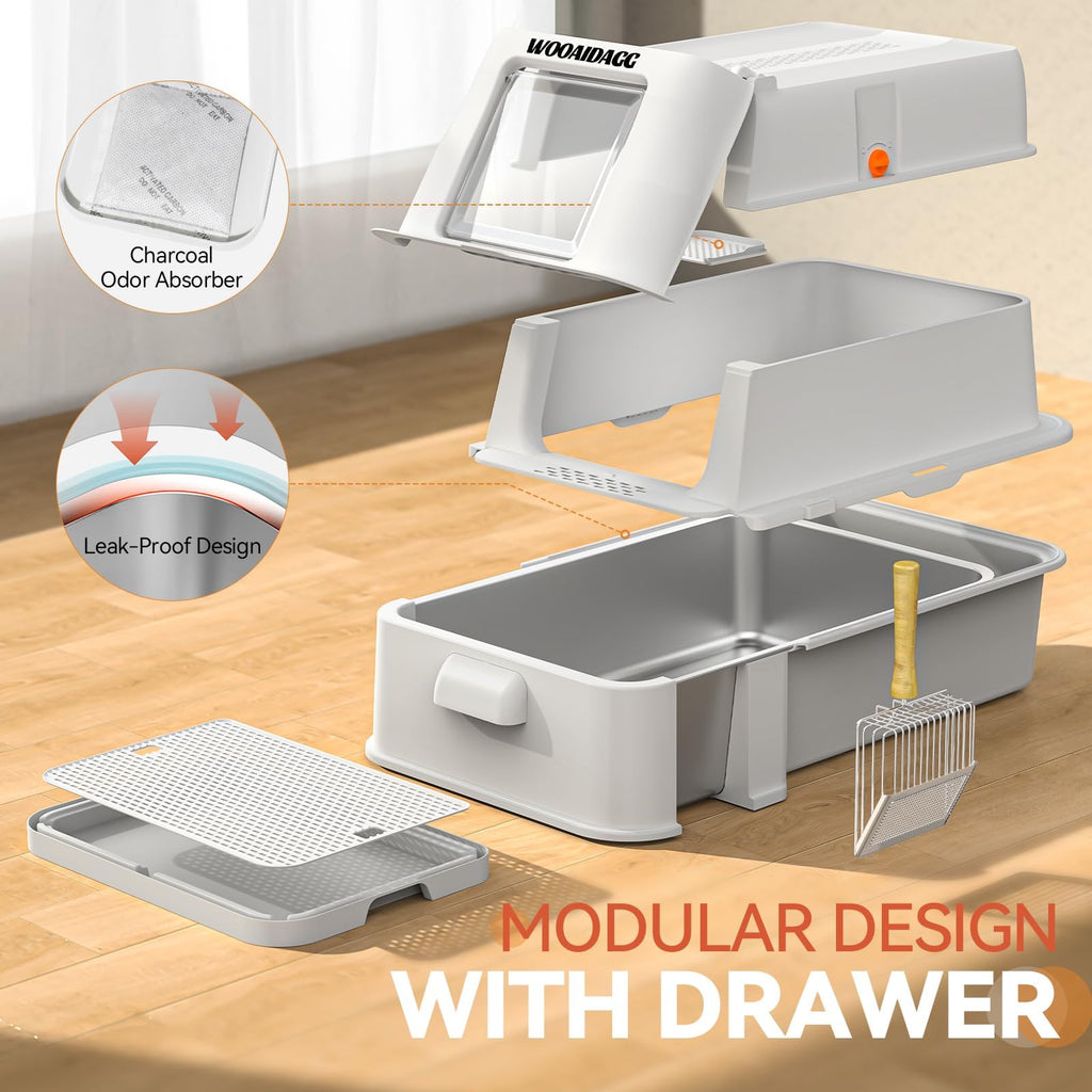 Wooaidagg Enclosed Stainless Steel Cat Litter Box with Odor Control | Extra Large, Modular Design