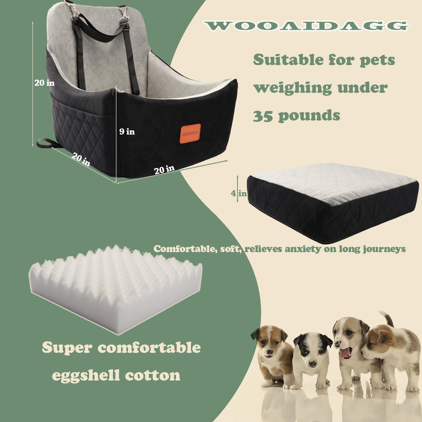 Wooaidagg Dog Car Seat for Medium Dogs – Detachable, Washable, Safe Travel Bed