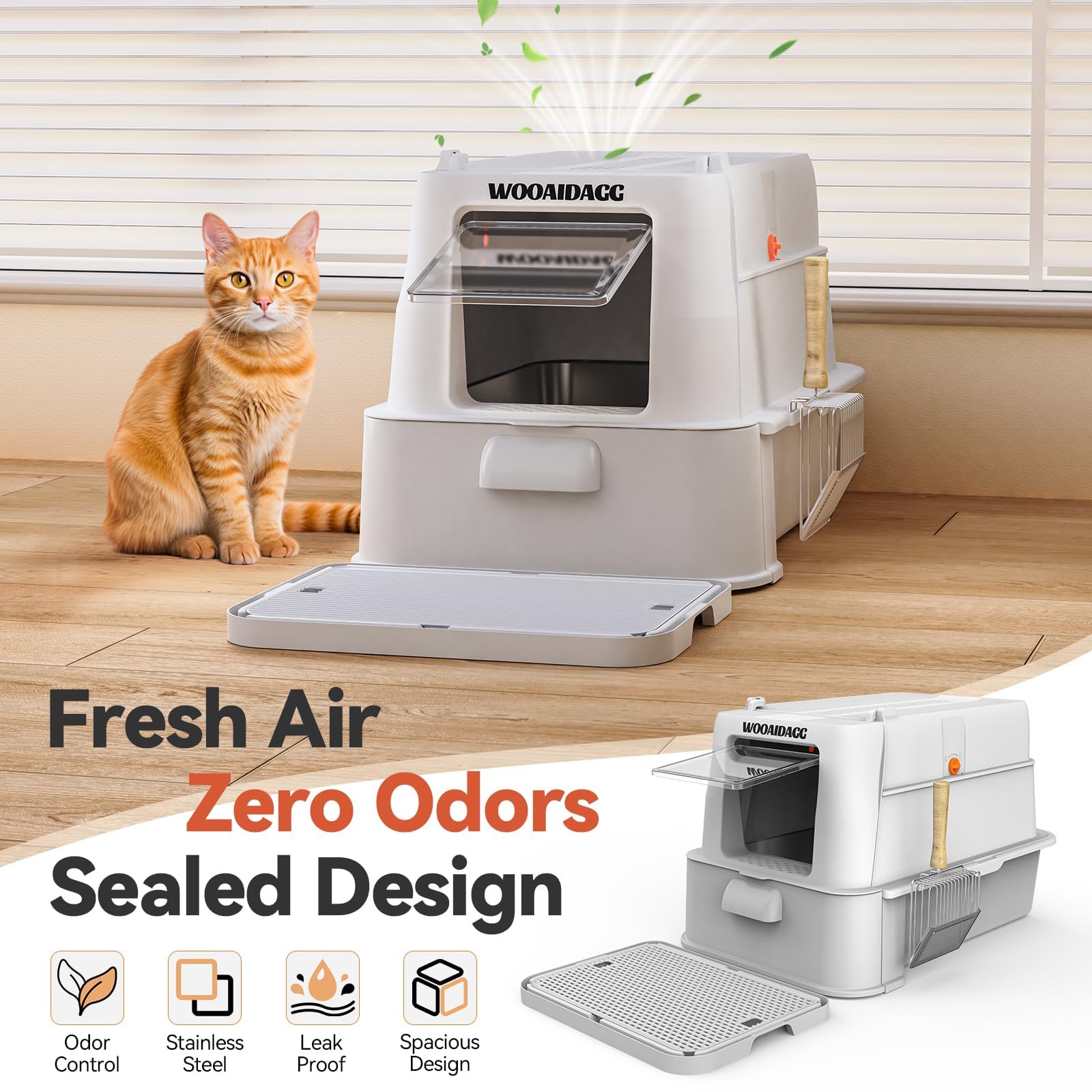 Wooaidagg Enclosed Stainless Steel Cat Litter Box with Odor Control | Extra Large, Modular Design