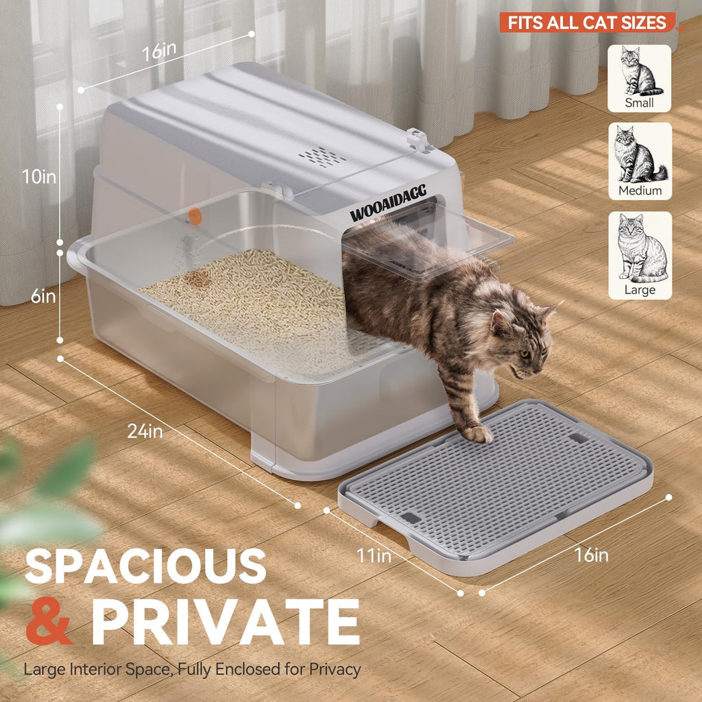 Wooaidagg Enclosed Stainless Steel Cat Litter Box with Odor Control | Extra Large, Modular Design