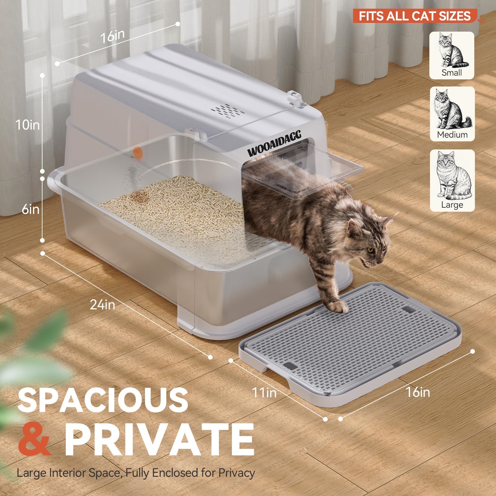 Wooaidagg Enclosed Stainless Steel Cat Litter Box with Odor Control | Extra Large, Modular Design
