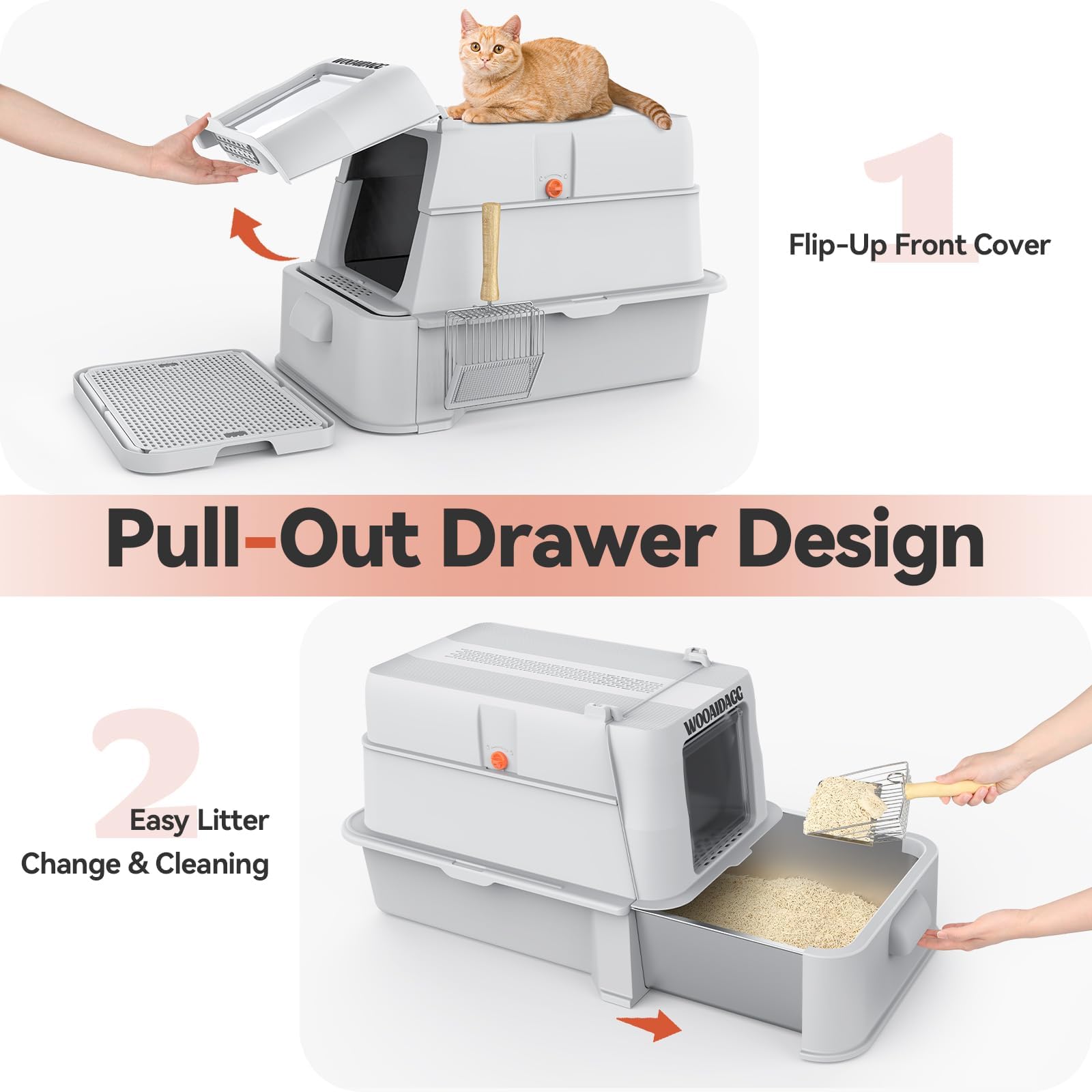 Wooaidagg Enclosed Stainless Steel Cat Litter Box with Odor Control | Extra Large, Modular Design