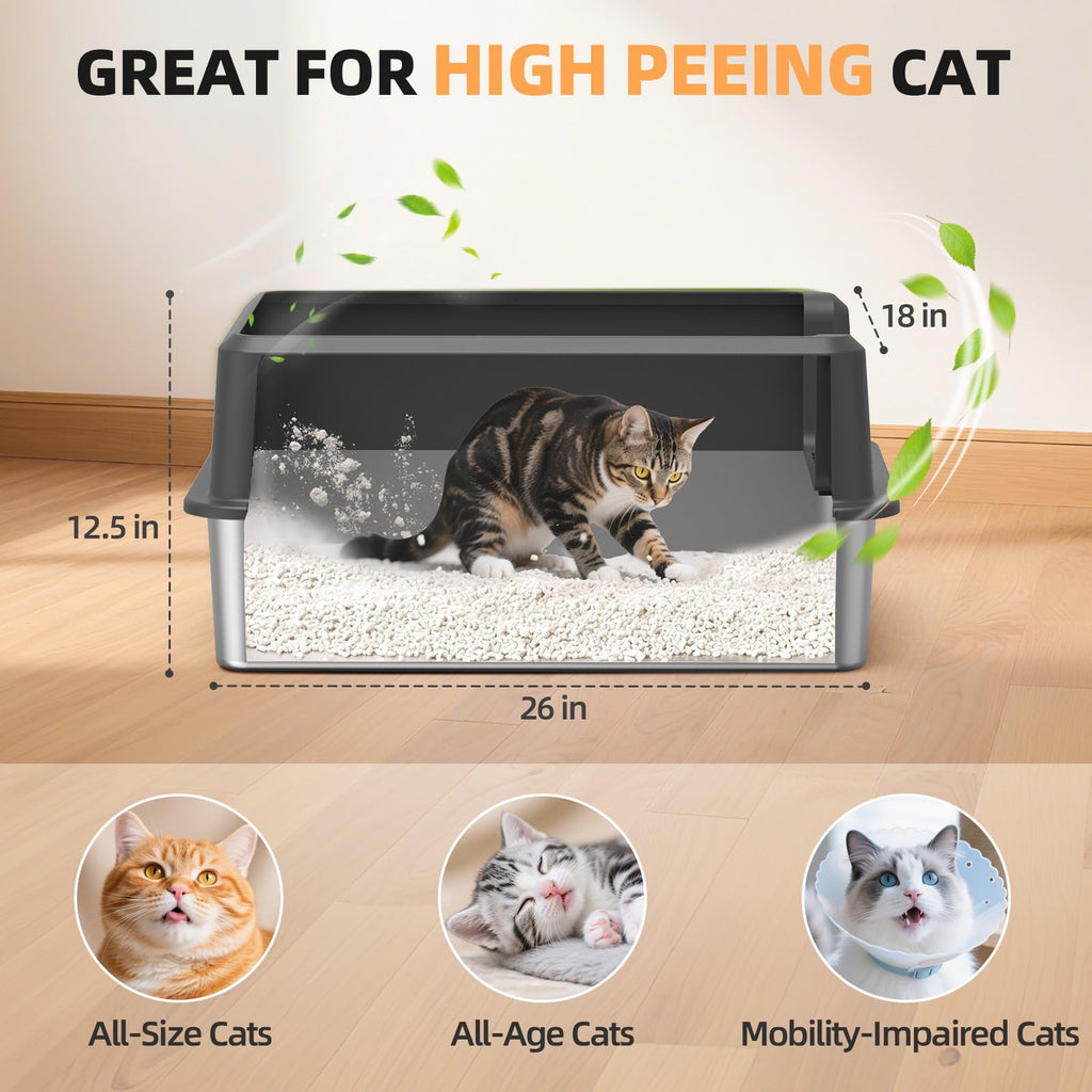 WoofiGo XL Enclosed Stainless Steel Cat Litter Box – Odor-Resistant, High-Sided, Scoop