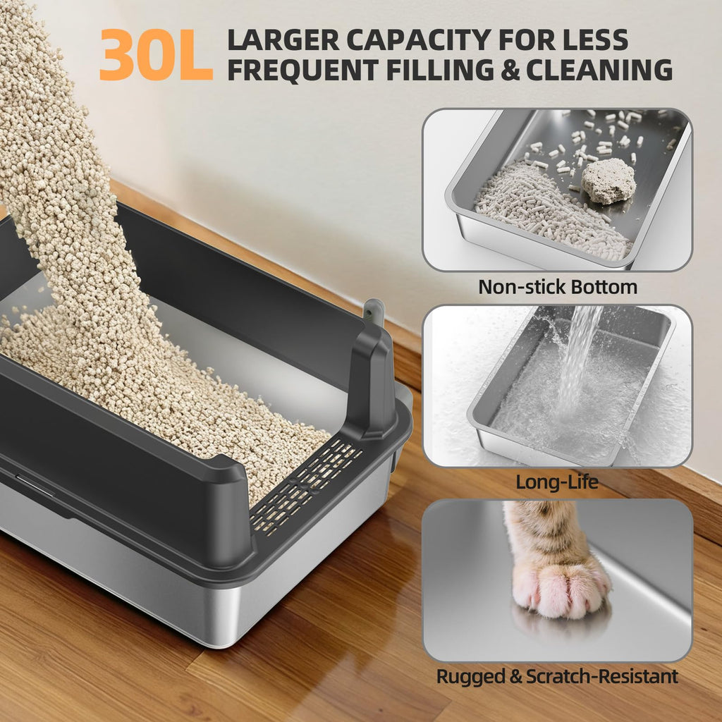WoofiGo XL Enclosed Stainless Steel Cat Litter Box – Odor-Resistant, High-Sided, Scoop