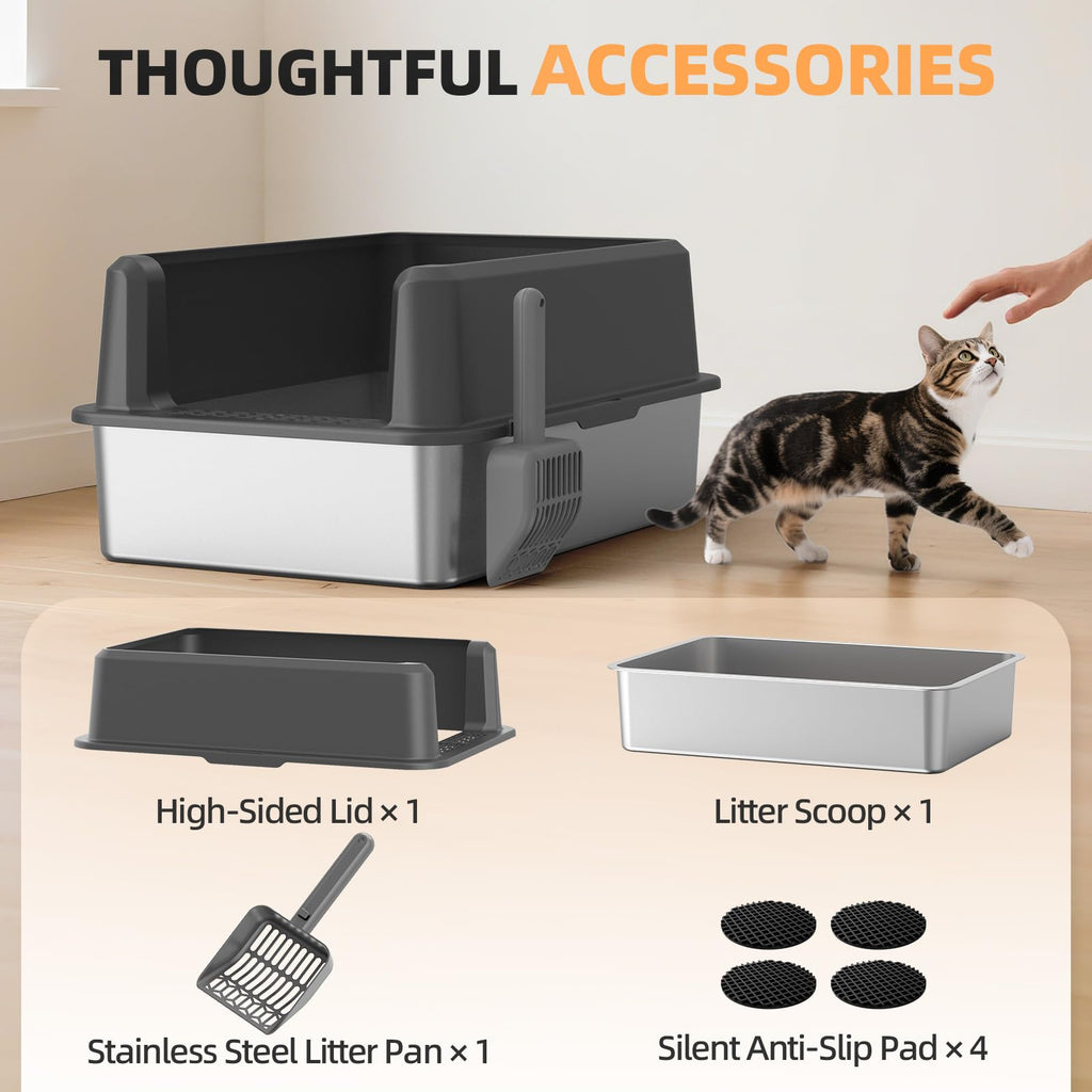 WoofiGo XL Enclosed Stainless Steel Cat Litter Box – Odor-Resistant, High-Sided, Scoop