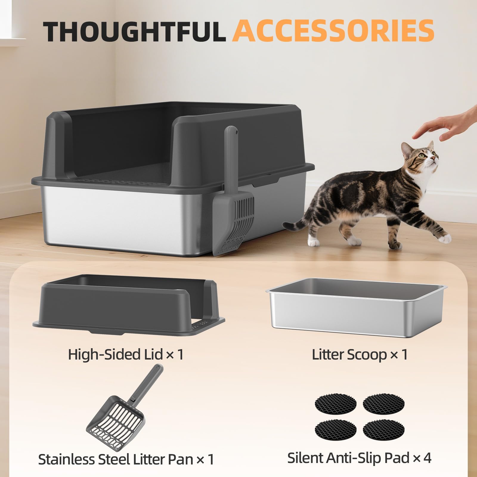 WoofiGo XL Enclosed Stainless Steel Cat Litter Box – Odor-Resistant, High-Sided, Scoop