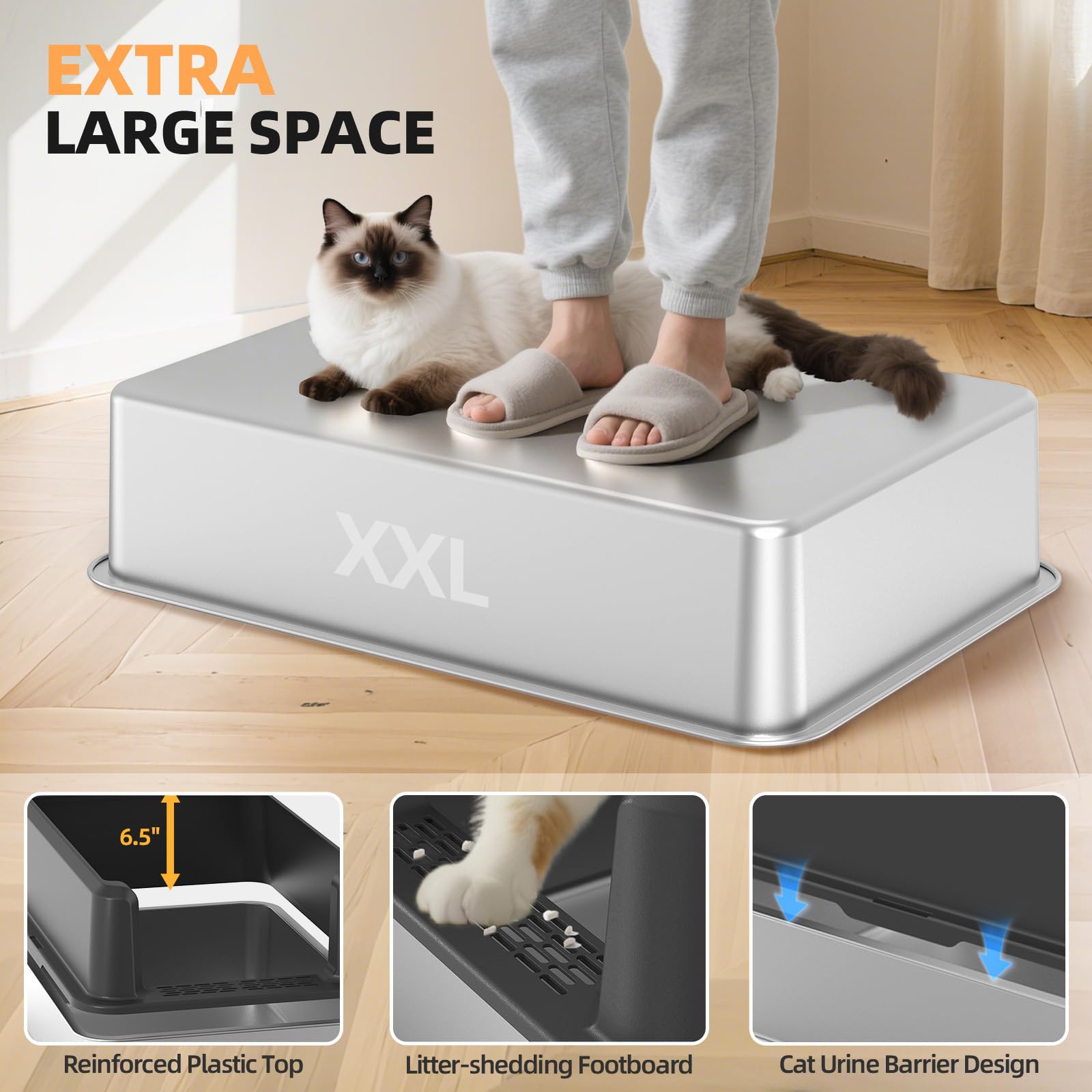 WoofiGo XL Enclosed Stainless Steel Cat Litter Box – Odor-Resistant, High-Sided, Scoop