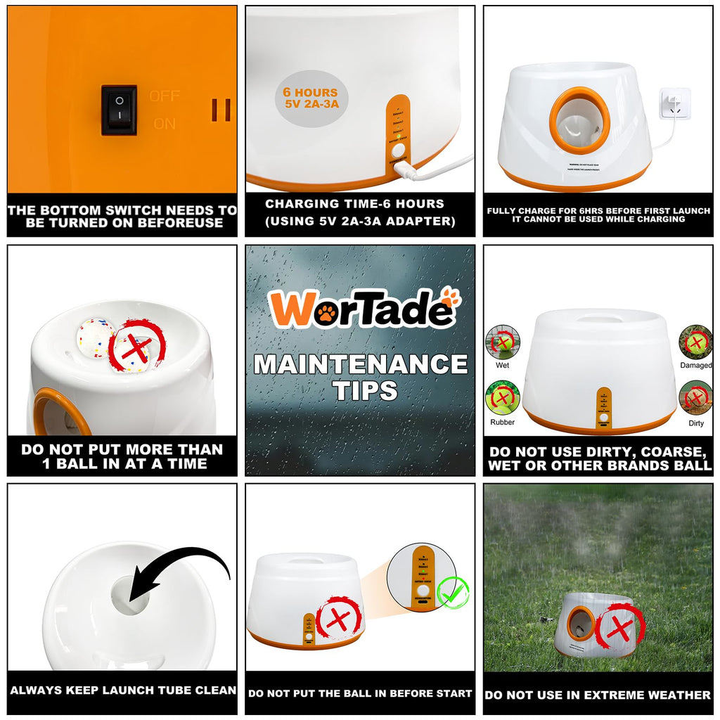 Wortade Automatic Ball Launcher for Dogs – 3 Distances (19, 32, 45 ft), 6 Balls (2.2”), Rechargeable