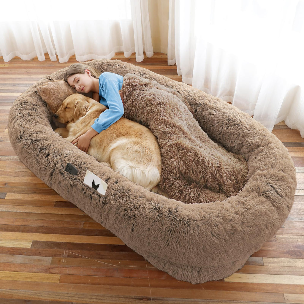 WROS Human Dog Bed – Large Washable Faux Fur Bed for You & Pets | Khaki