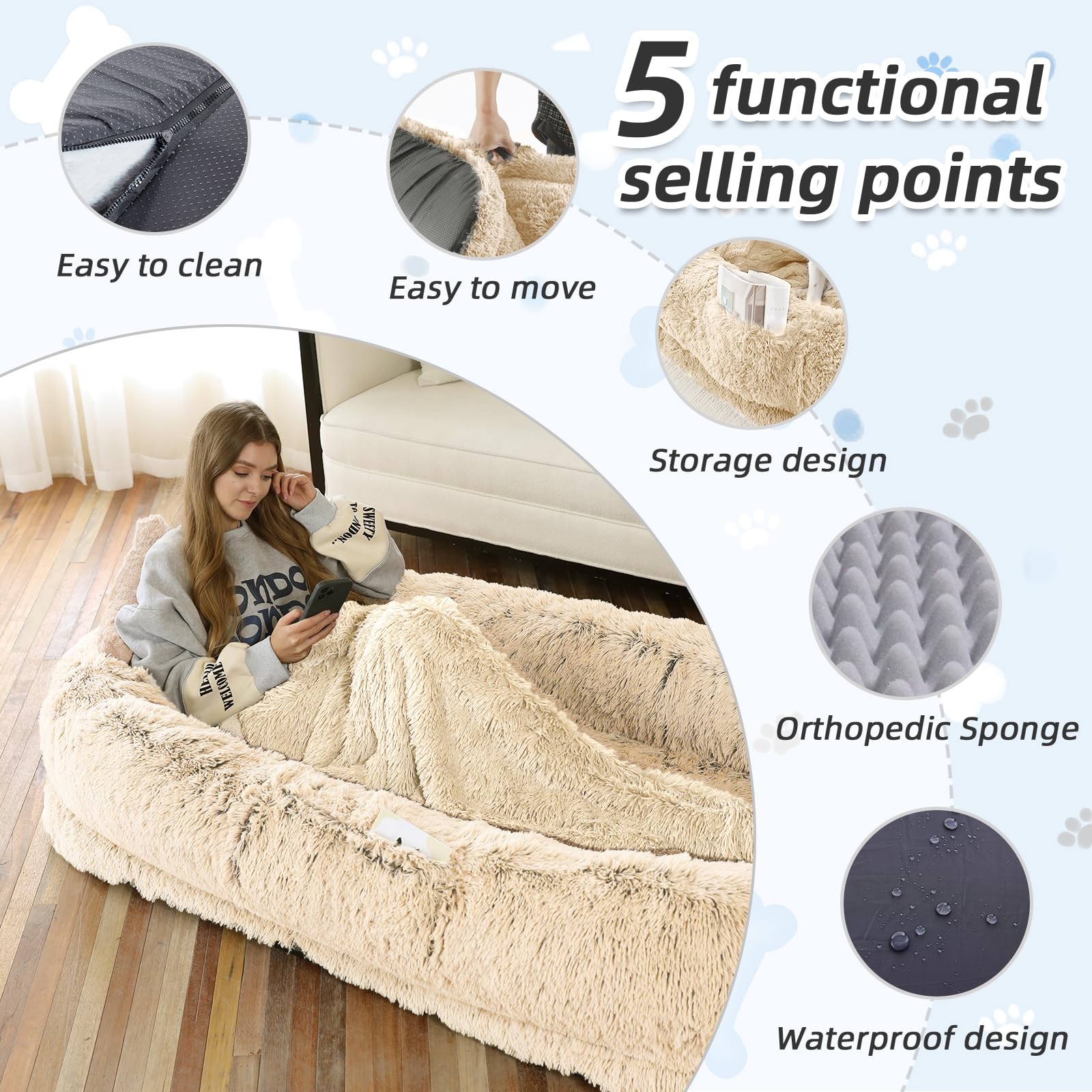 WROS Human Dog Bed 71in x 45in x 12in: Plush Faux Fur Napping Bed for People & Pets