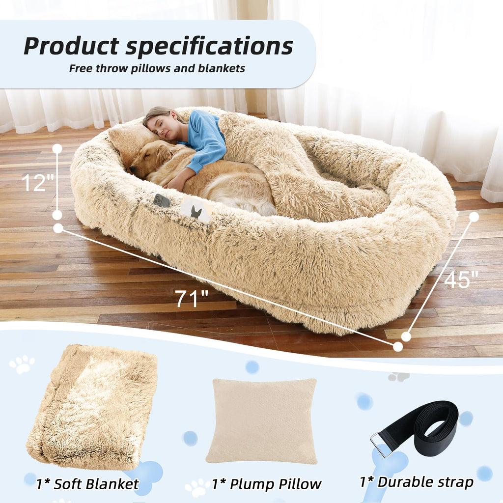 WROS Human Dog Bed 71in x 45in x 12in: Plush Faux Fur Napping Bed for People & Pets