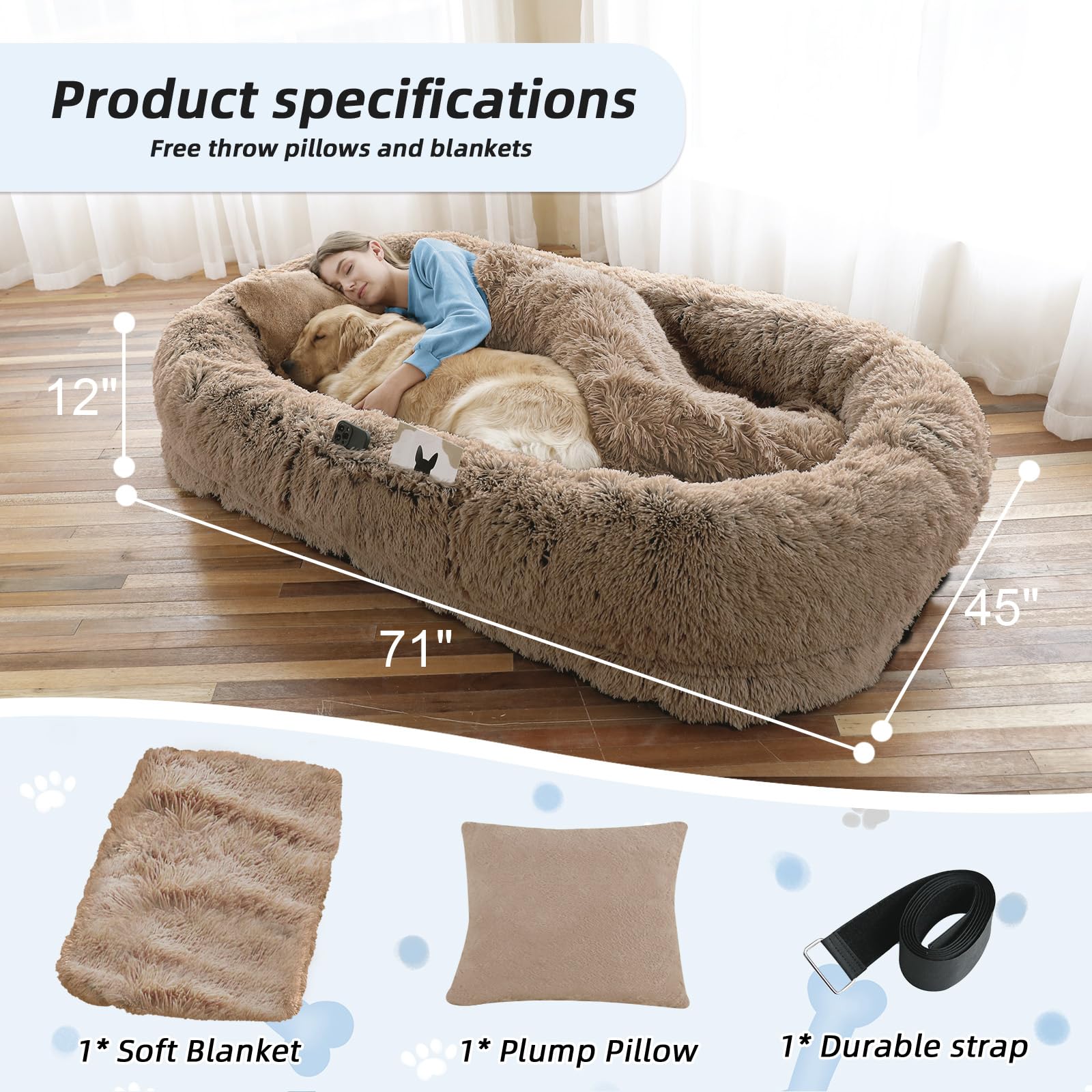WROS Human Dog Bed – Large Washable Faux Fur Bed for You & Pets | Khaki