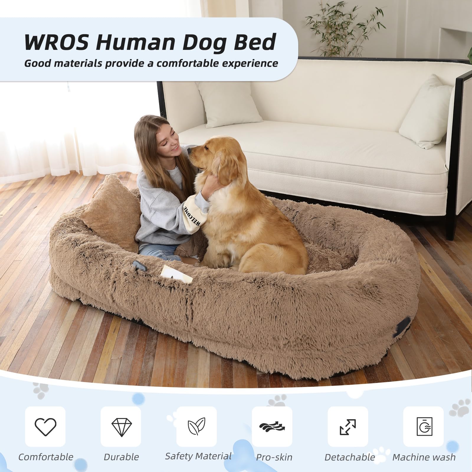 WROS Human Dog Bed – Large Washable Faux Fur Bed for You & Pets | Khaki