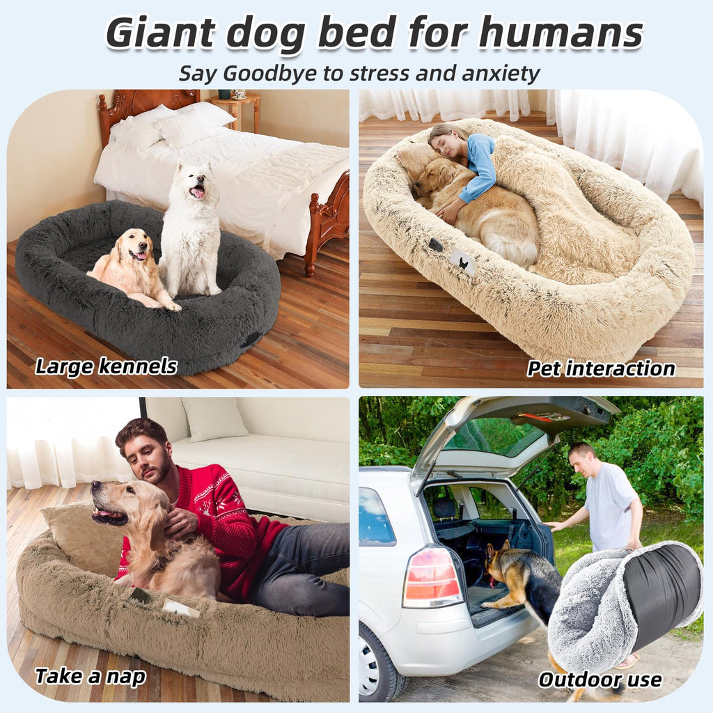 WROS Human Dog Bed – Large Washable Faux Fur Bed for You & Pets | Khaki