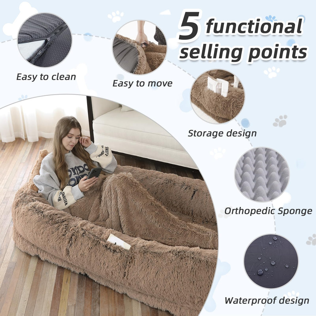 WROS Human Dog Bed – Large Washable Faux Fur Bed for You & Pets | Khaki