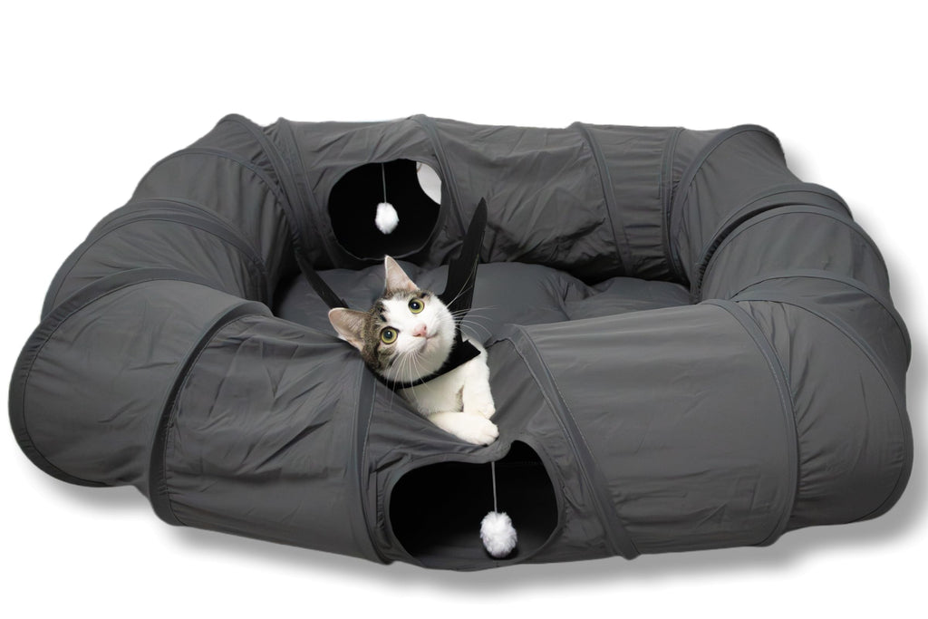 XxingSheep 4-Way XL Cat Tunnel Bed with Cool Mat - Indoor Cat Cave (Dark Gray)