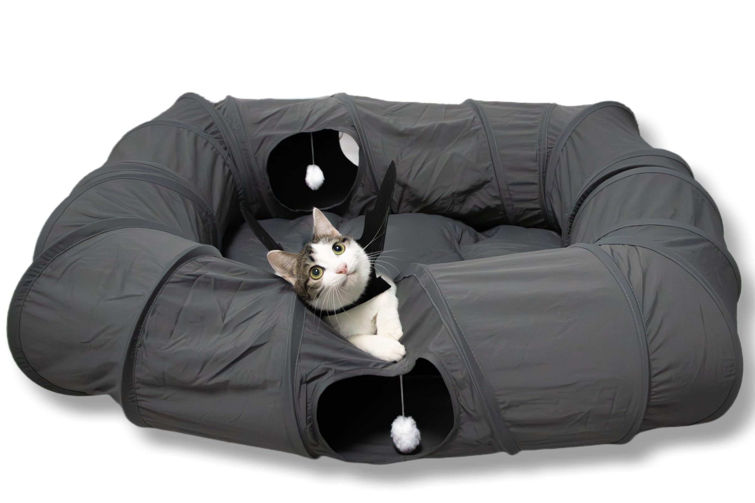 XxingSheep 4-Way XL Cat Tunnel Bed with Cool Mat - Indoor Cat Cave (Dark Gray)