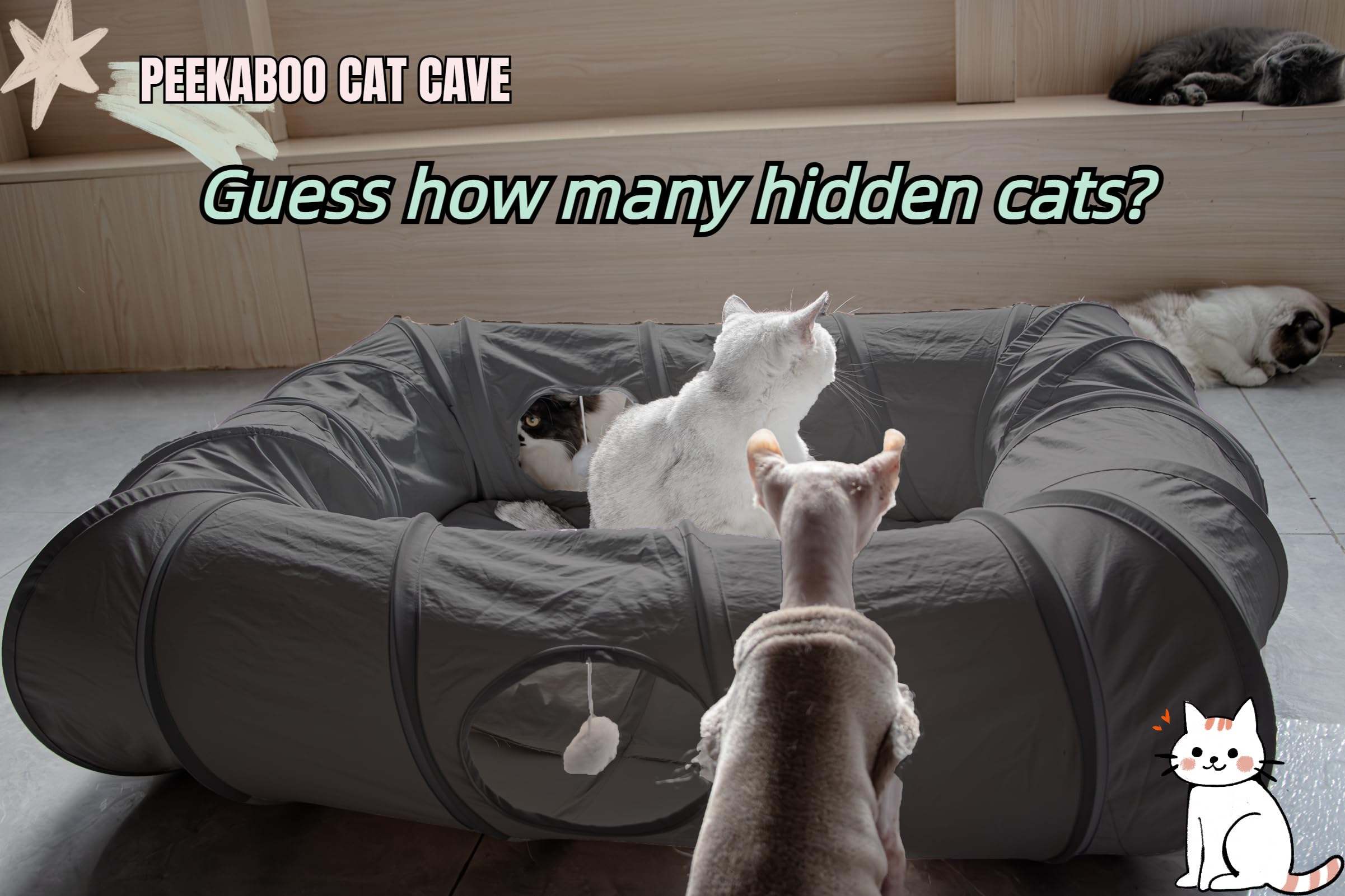 XxingSheep 4-Way XL Cat Tunnel Bed with Cool Mat - Indoor Cat Cave (Dark Gray)