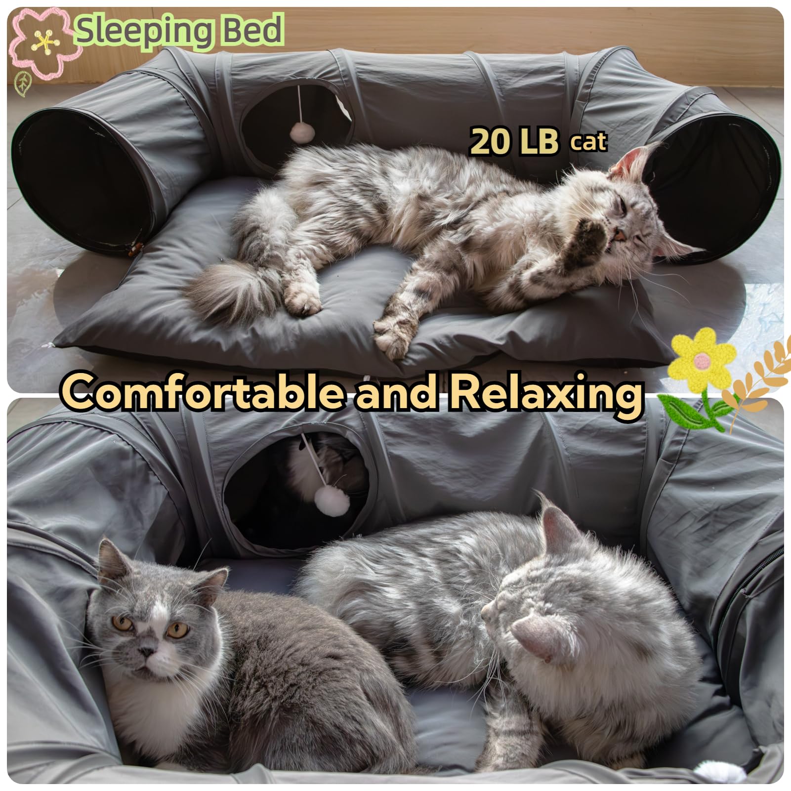 XxingSheep 4-Way XL Cat Tunnel Bed with Cool Mat - Indoor Cat Cave (Dark Gray)