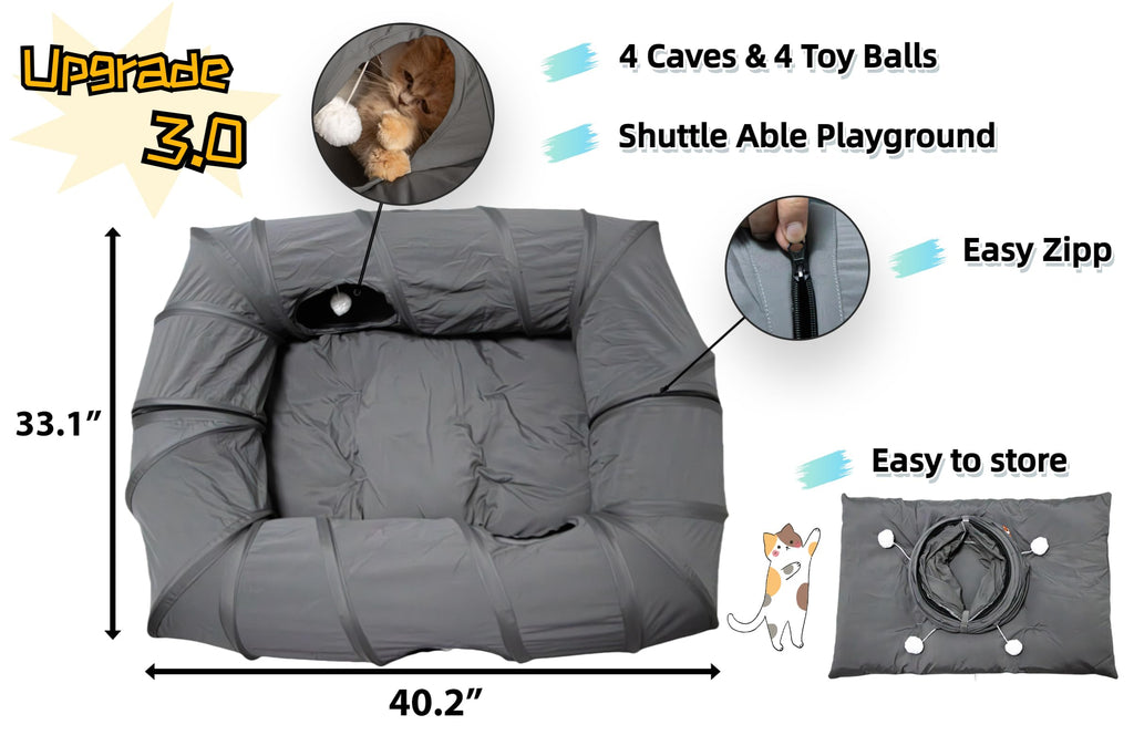 XxingSheep 4-Way XL Cat Tunnel Bed with Cool Mat - Indoor Cat Cave (Dark Gray)