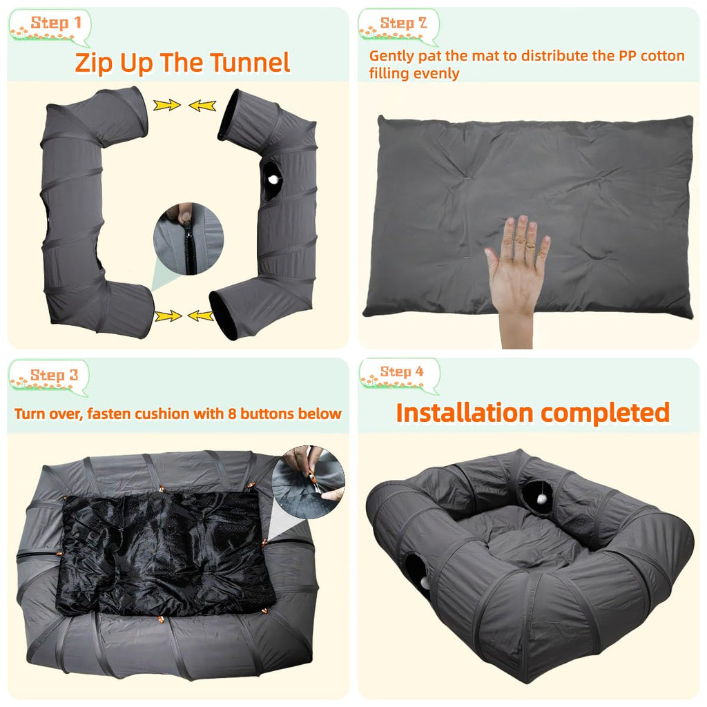 XxingSheep 4-Way XL Cat Tunnel Bed with Cool Mat - Indoor Cat Cave (Dark Gray)
