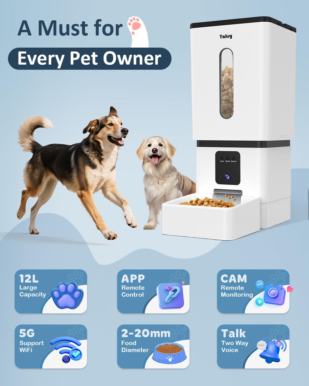Yakry Automatic Dog Feeder Large Breed with Camera – 12L, 50 Cups, 5G WiFi App Control