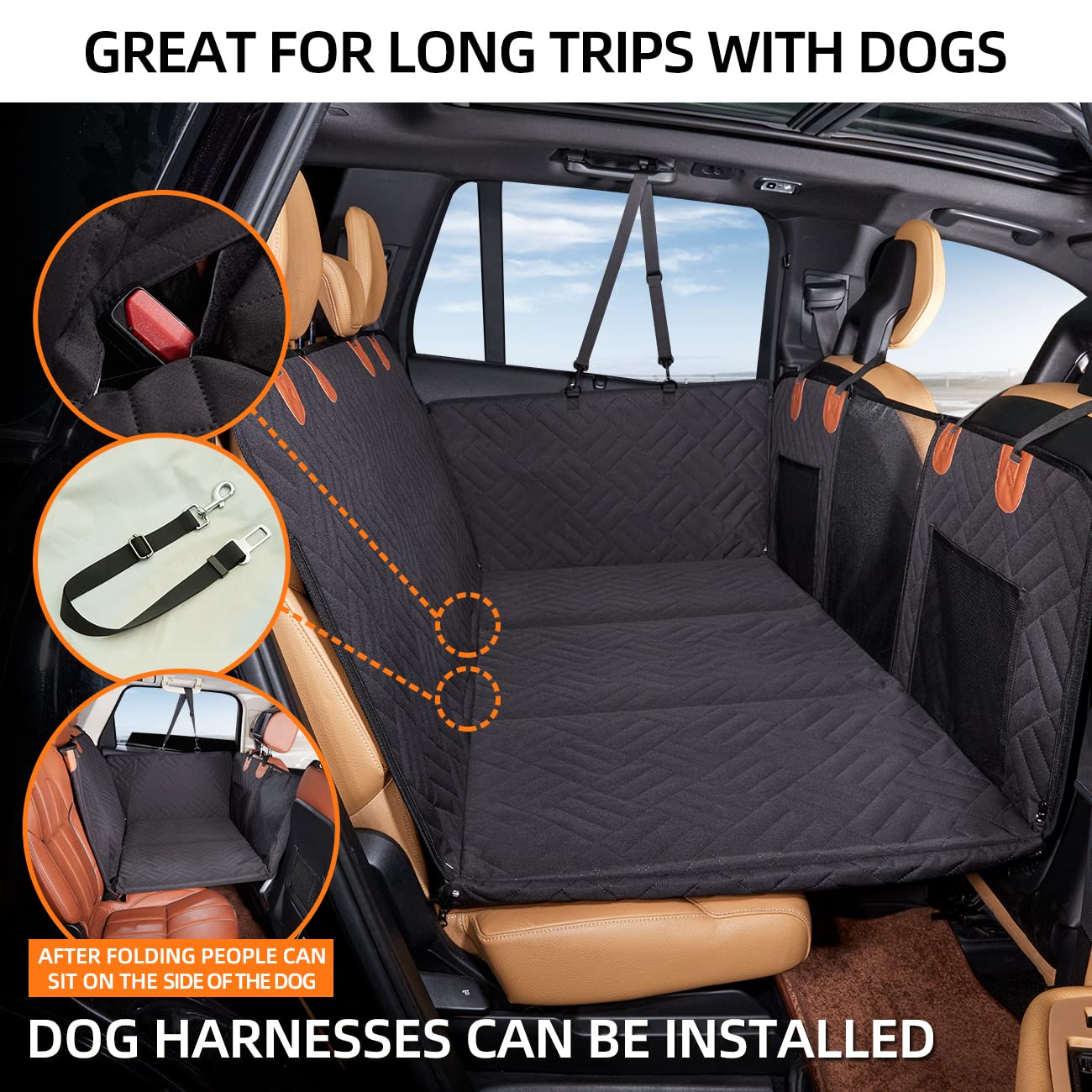 YJGF Back Seat Extender – Car Bed for Dogs, 52x25in Waterproof Dog Seat Cover & Hammock, Universal Fit (Black)