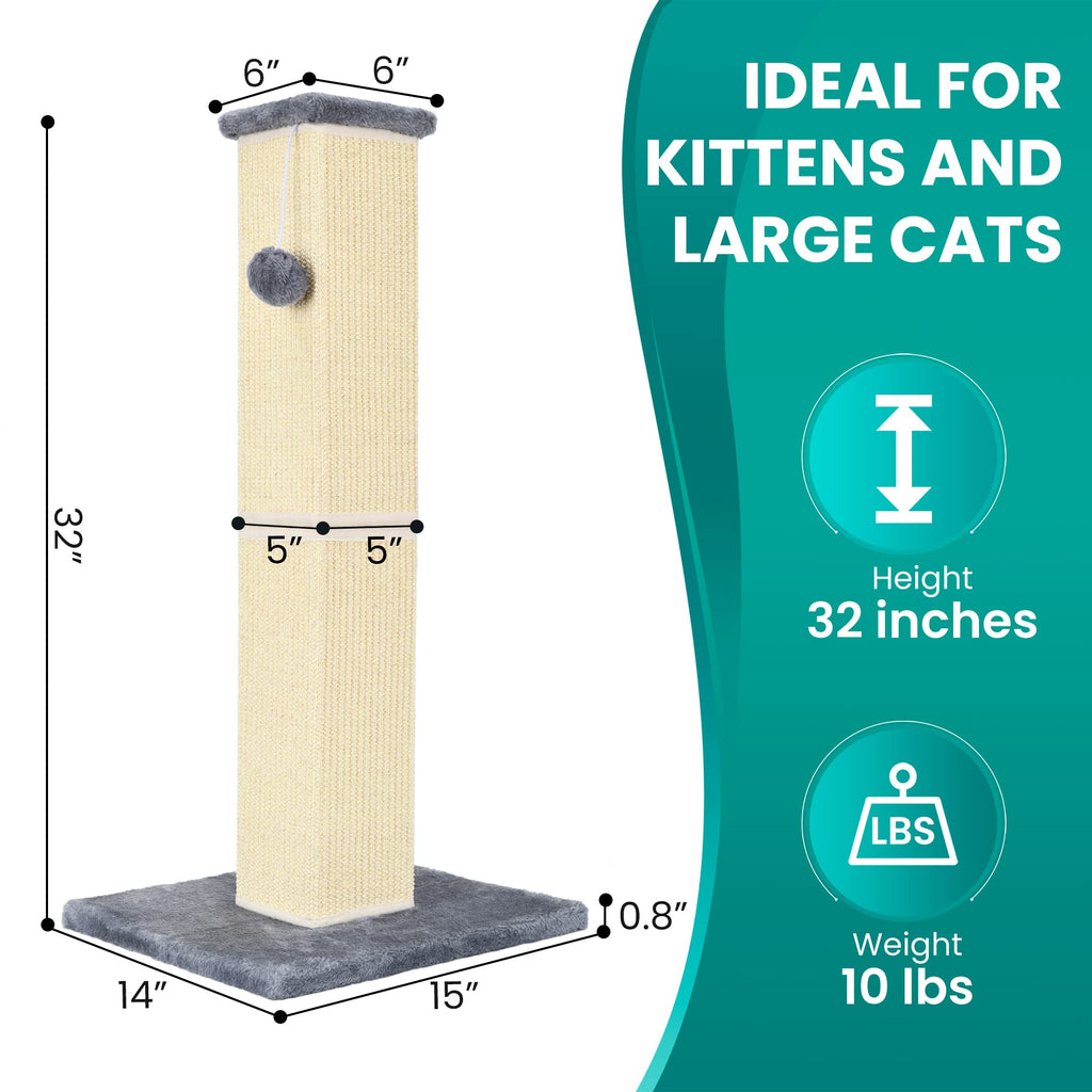 YULOYI Cat Scratching Post 32-Inch – Natural Sisal Tall Cat Scratcher for Large Cats & Kittens, Grey