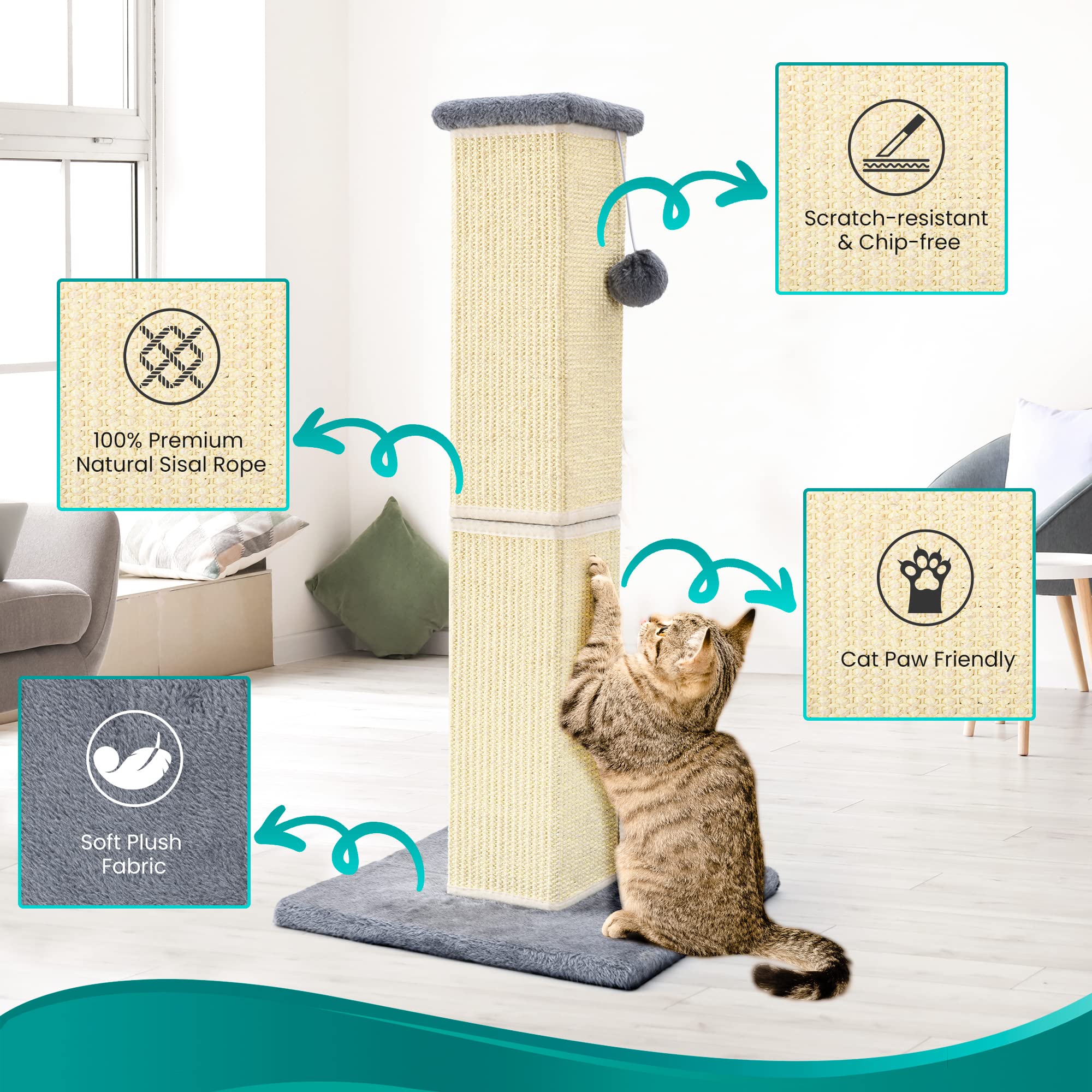 YULOYI Cat Scratching Post 32-Inch – Natural Sisal Tall Cat Scratcher for Large Cats & Kittens, Grey