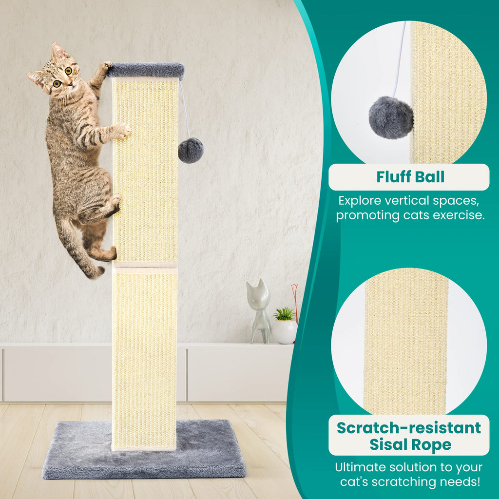 YULOYI Cat Scratching Post 32-Inch – Natural Sisal Tall Cat Scratcher for Large Cats & Kittens, Grey