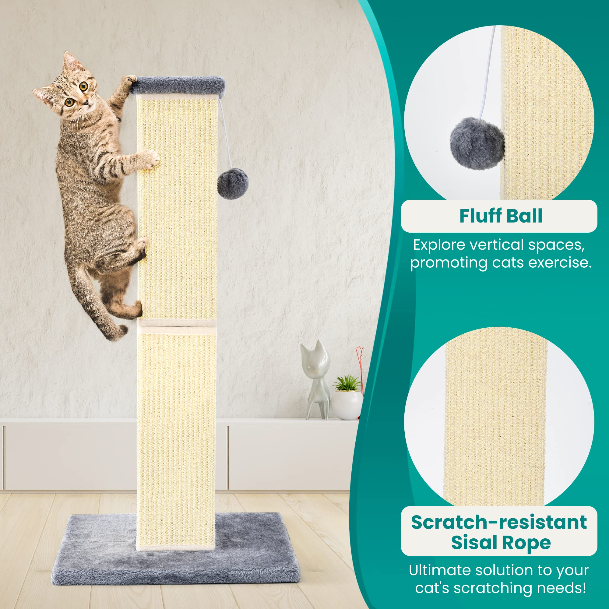 YULOYI Cat Scratching Post 32-Inch – Natural Sisal Tall Cat Scratcher for Large Cats & Kittens, Grey