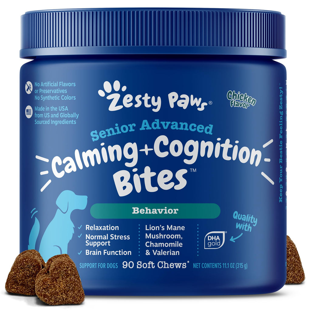 Zesty Paws Senior Advanced Calming & Cognition Soft Chews for Dogs – Brain Health, Nerve Support & Calming